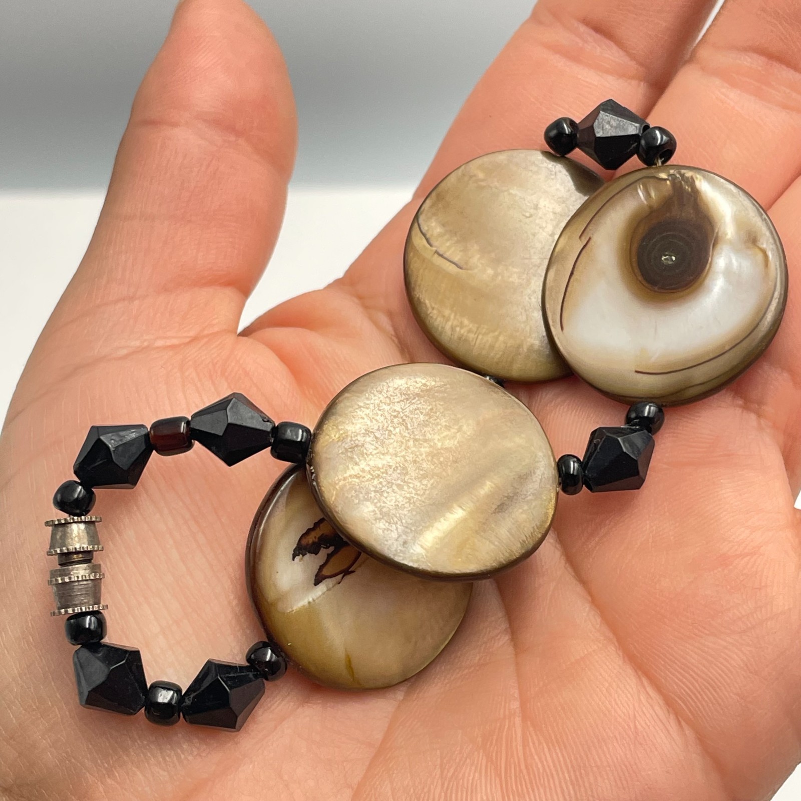 Vintage 90s Brown Shell & Black Glass Bead Bracelet Boho Earthy Minimalist Boho
