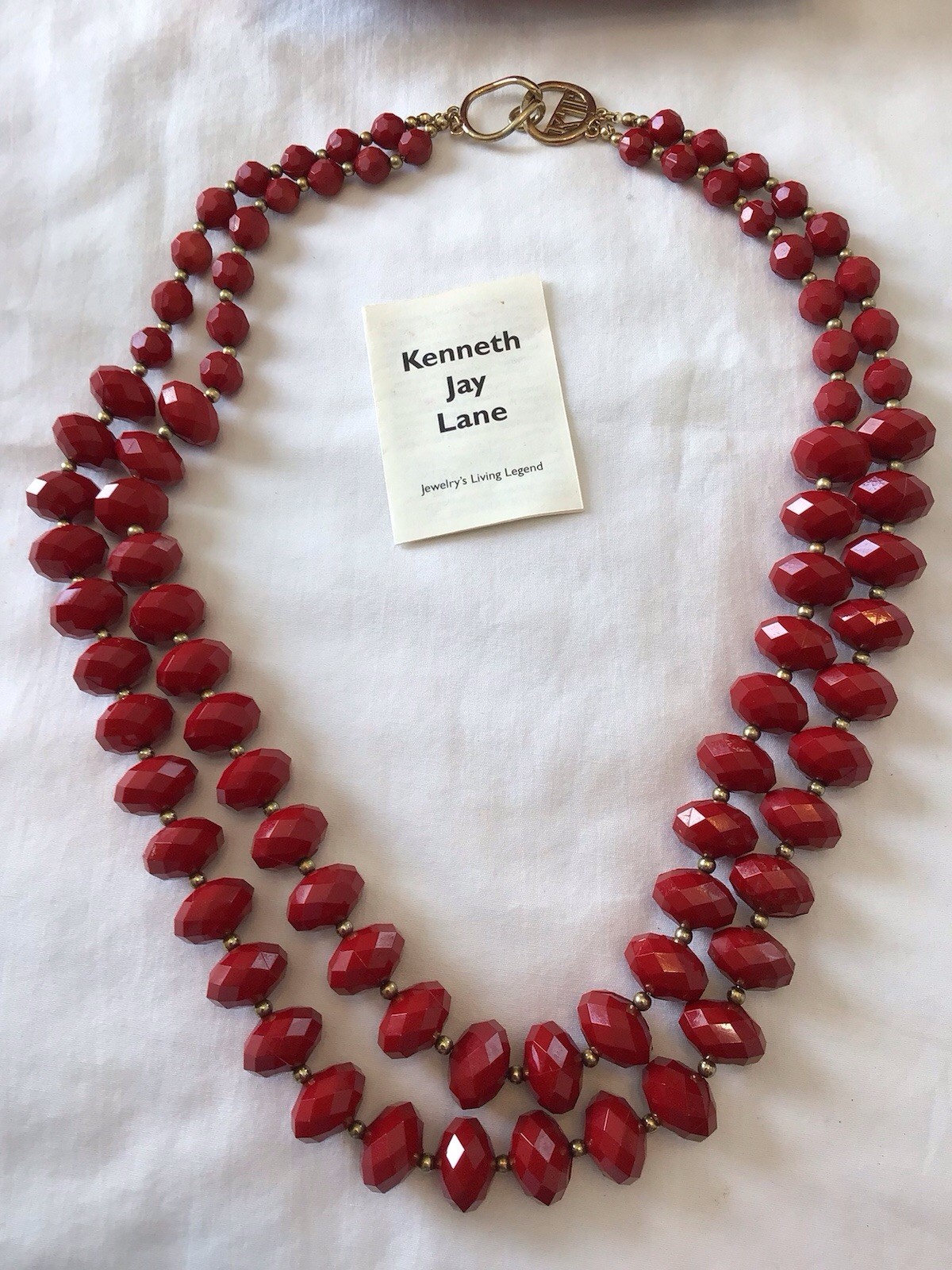VINTAGE KJL KENNETH J LANE SIGNED RED BEAD 2 STRAND NECKLACE WITH ORIGINAL BOX