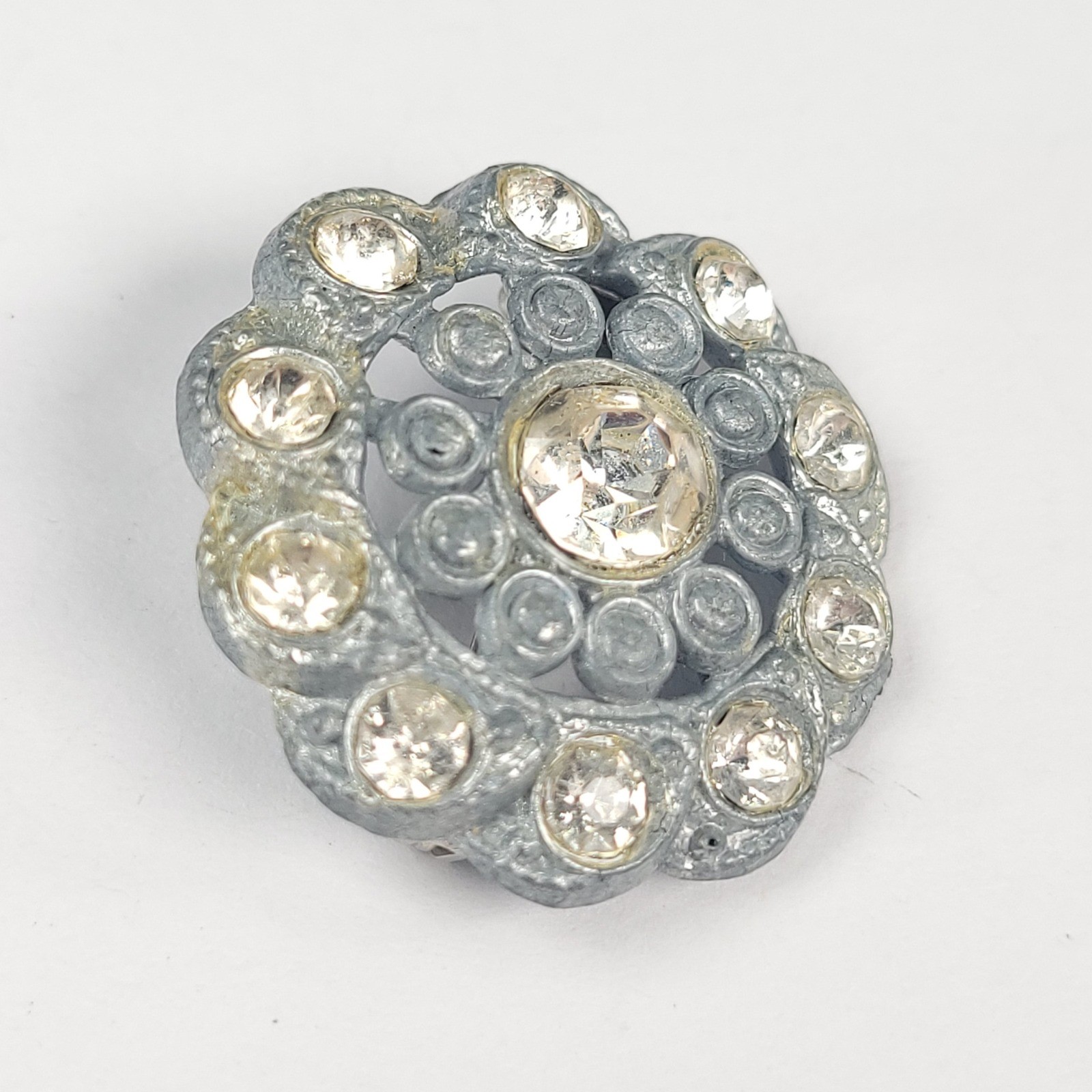 Vintage Small Rhinestone Pot Metal Brooch Silver Tone Floral Rosette Pin GG1