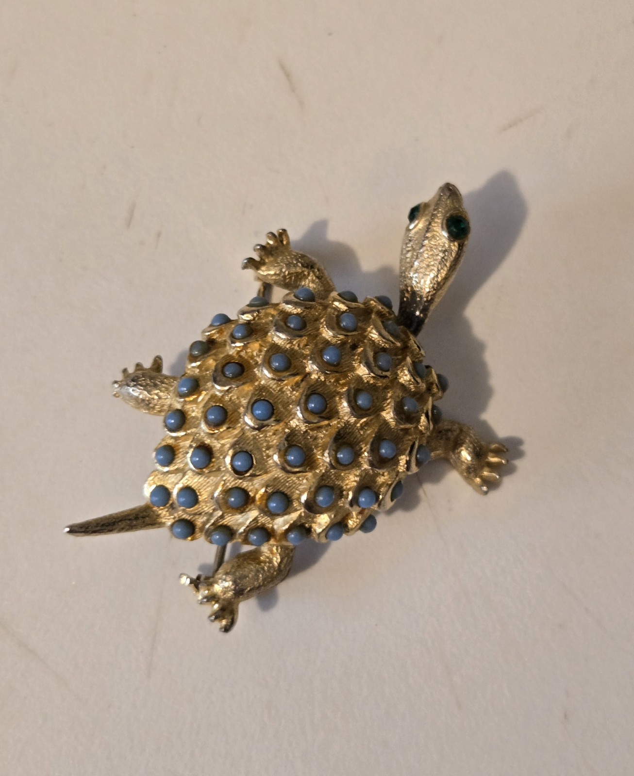 Gold Tone Turtle Blue Cabochons Green Rhinestone Eyes Reticulated Head Brooch