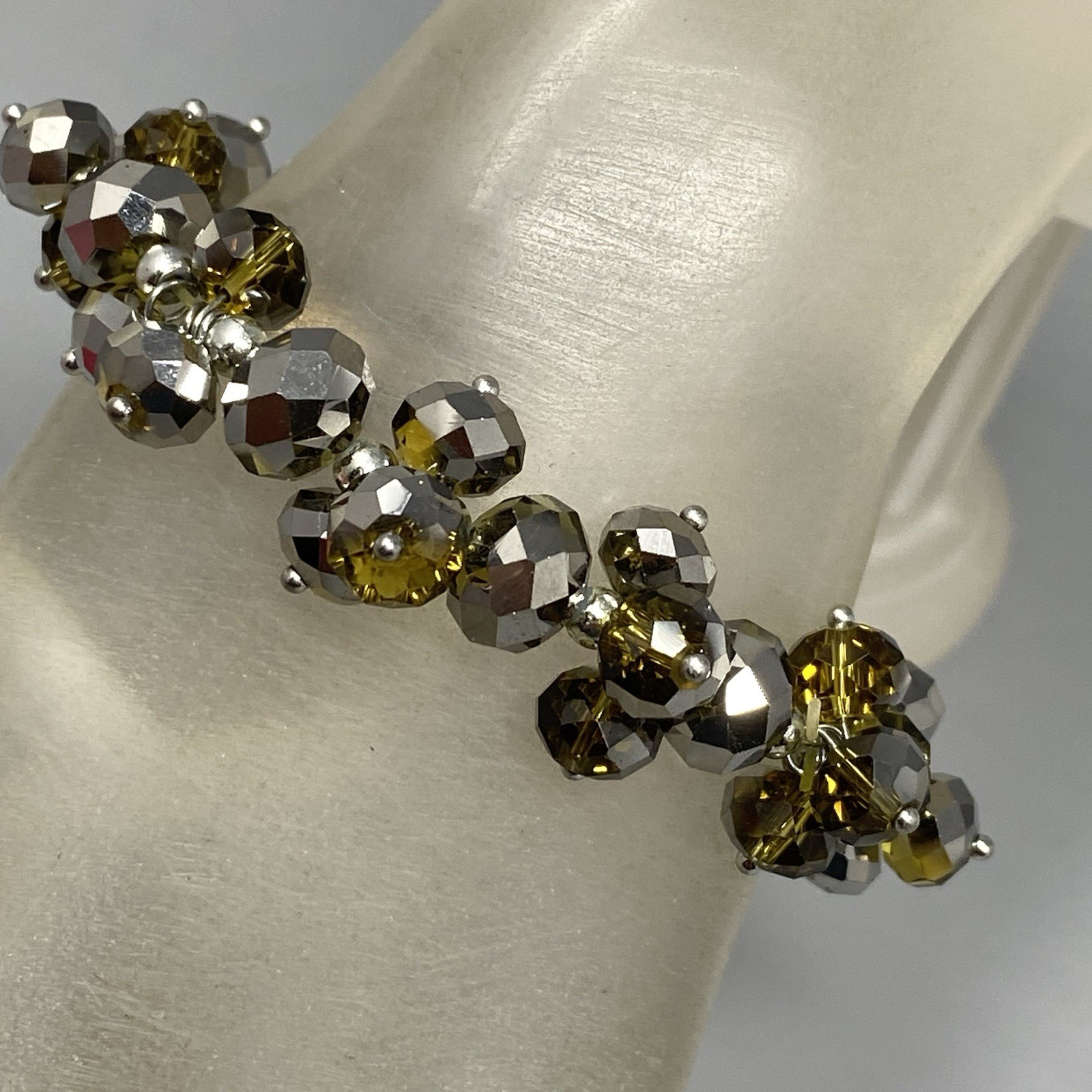 Silver Gold Glass Bead Cluster Bracelet Stretch Fire Polished AB Coated Retro