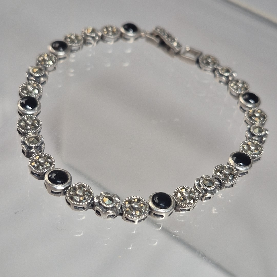 DBJ Vtg Sterling Silver 925 Marcasite Black Enamel Link Tennis Bracelet 7.5″
