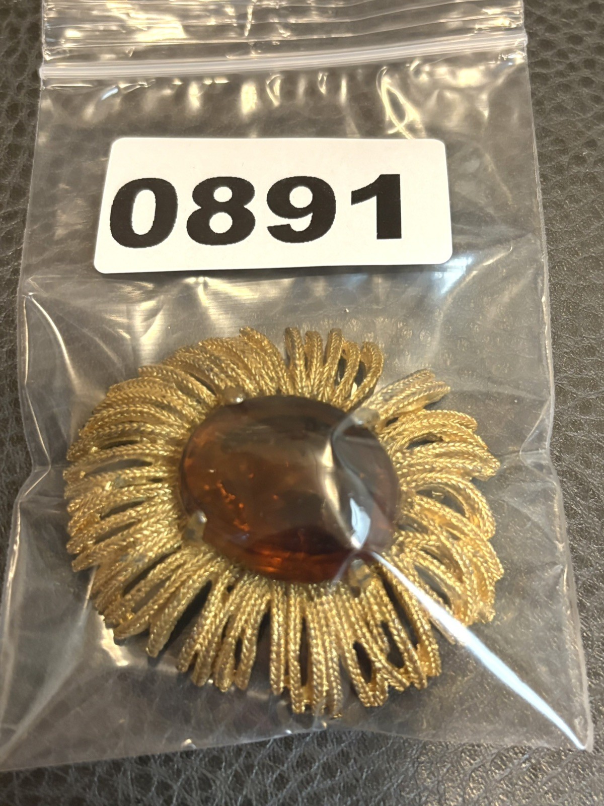 Vintage HUGE Modernist Brutalist Brooch Faux Amber Cabochon Rhinestone Gold Tone