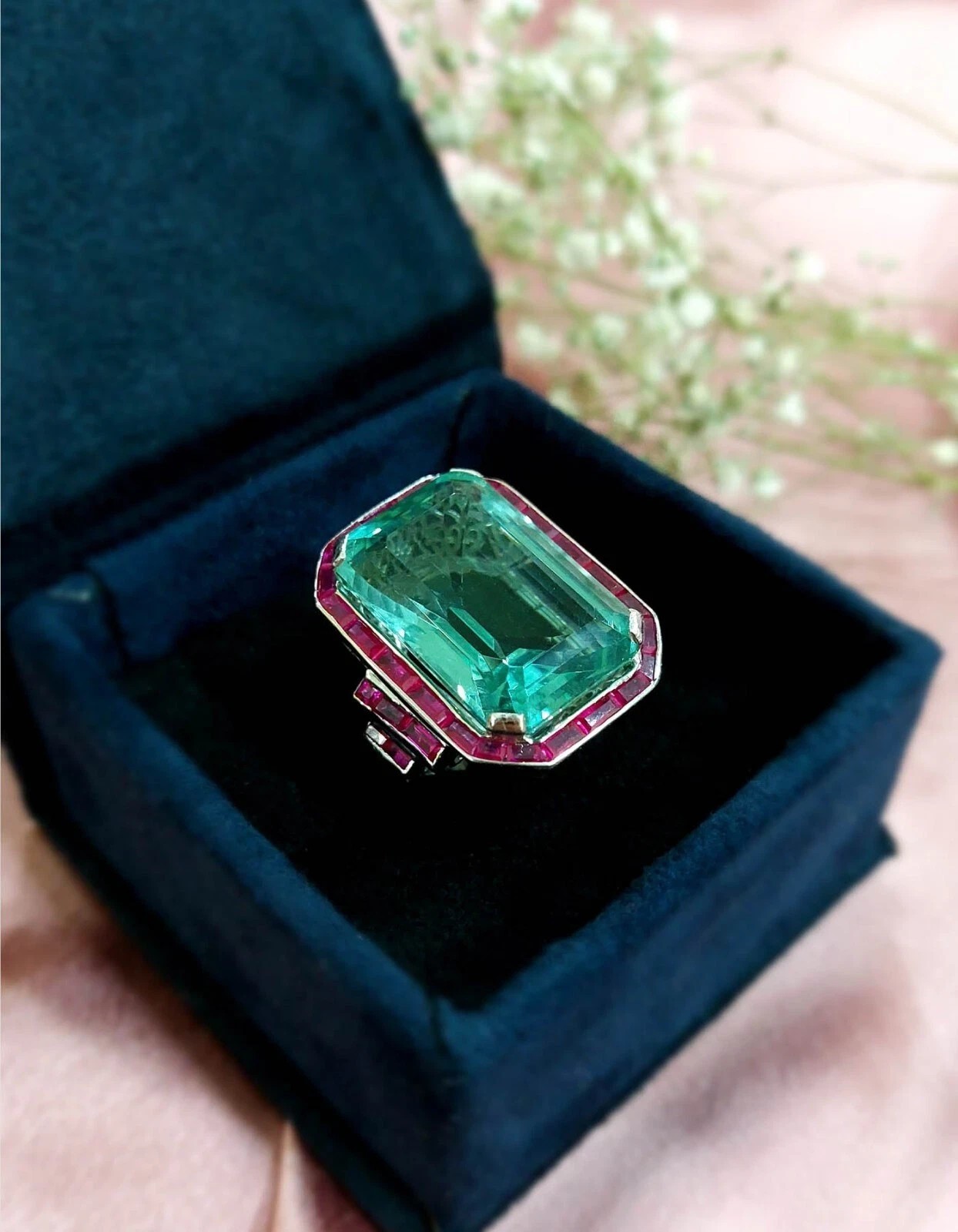 7Ct Art Deco Vintage Style Aquamarine & Ruby Anniversary 14K White Gold FN Ring