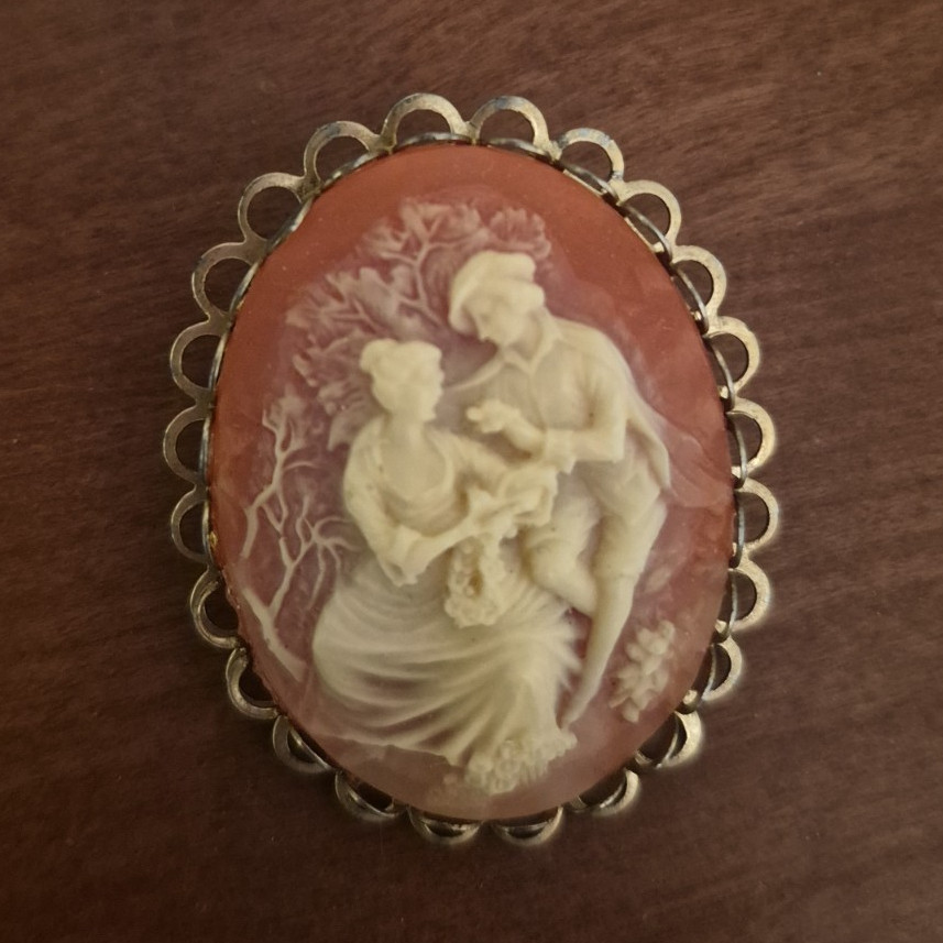 Vintage Oval Cameo-Style Brooch Pin, Gold Tone Filigree Frame, Orange/Ivory