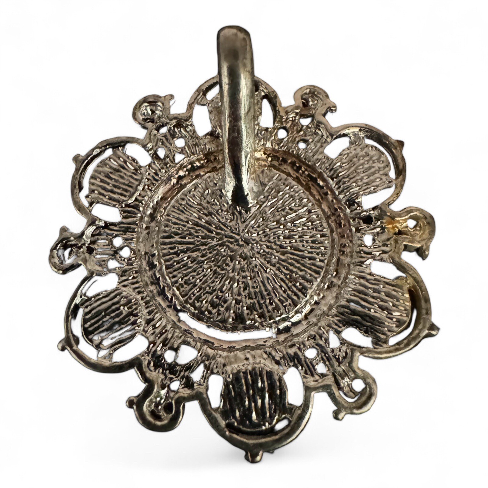 Vintage Silver Tone And Tan & Green Cabochon Stone Flower Shaped Pendant