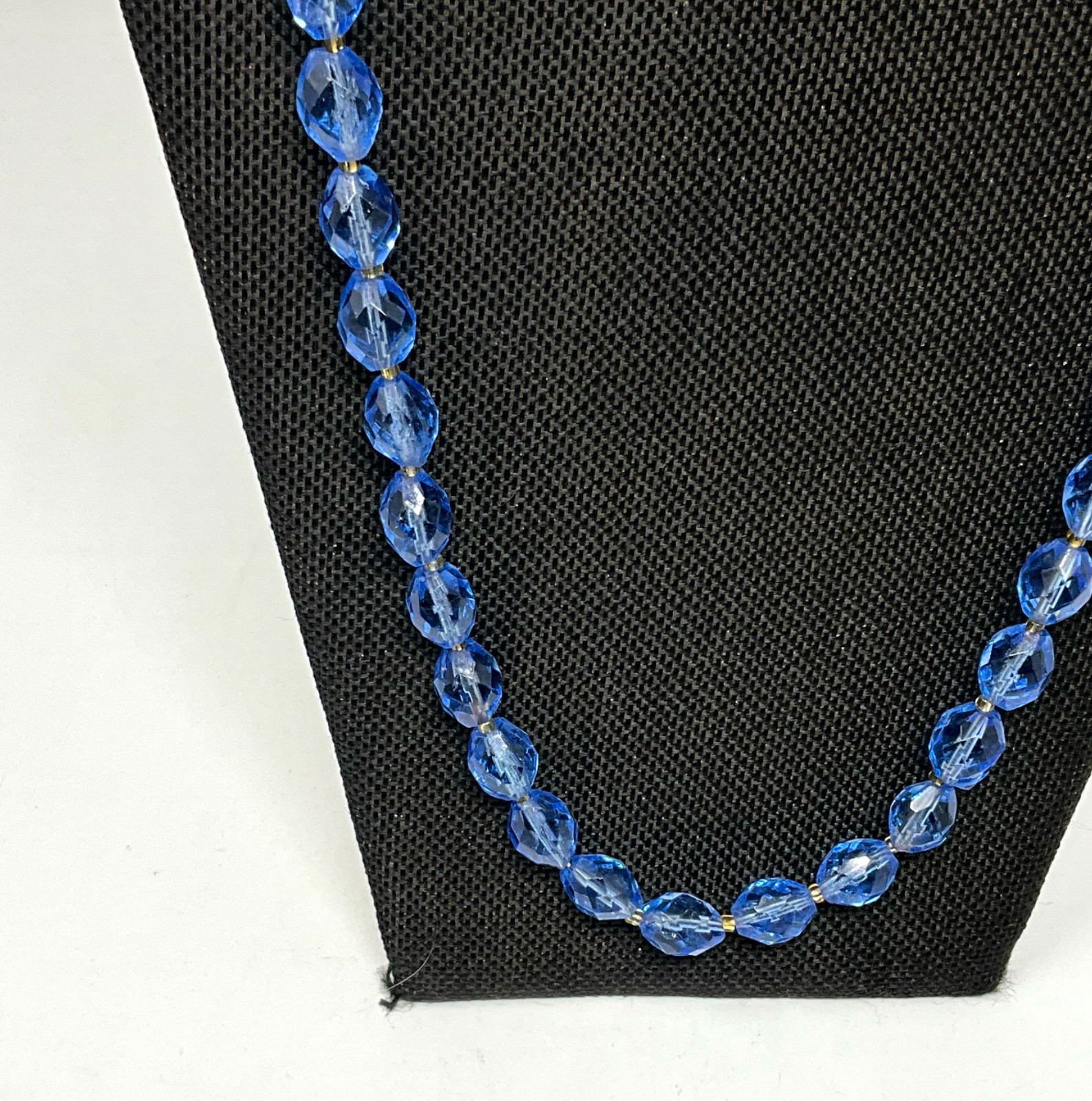 Vintage 20″ Faceted Blue Glass Bead Necklace and Dangle Clip Earrings Set