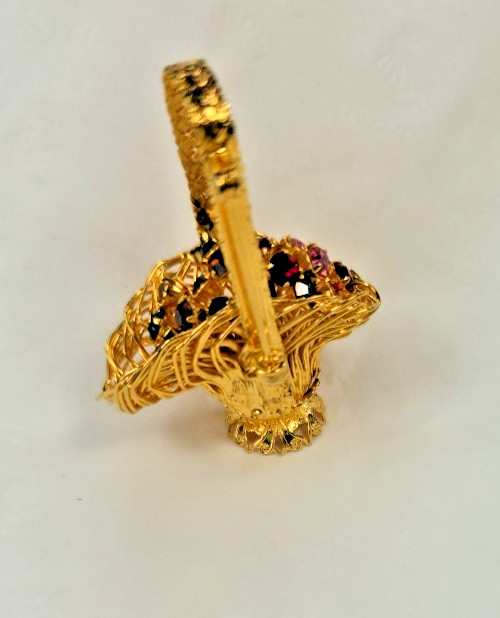 Vintage MCM Retro Gold Tone Flower Basket Pin Brooch Colorful Rhinestone Flowers