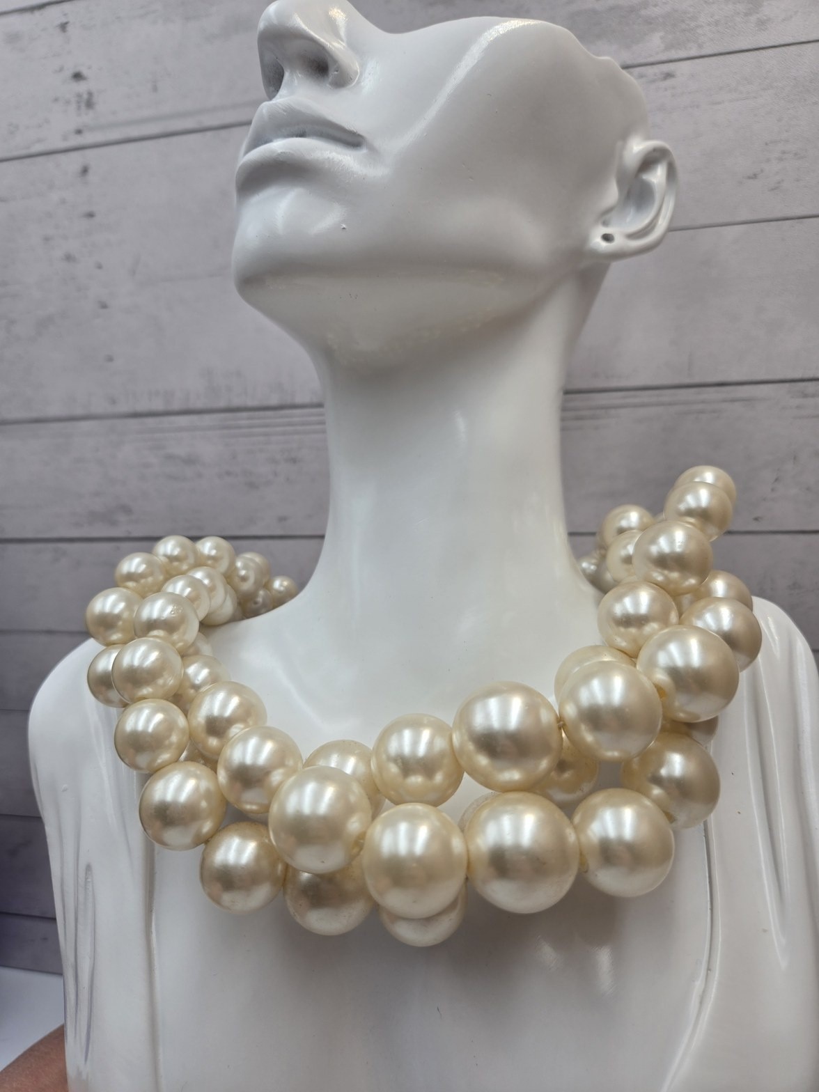 3 Strand Graduated Faux Pearl Choker Necklace Ivory color bold statement 221