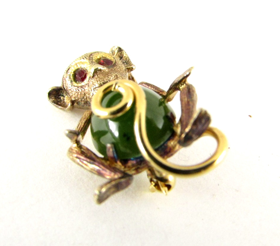 Vintage Estate AC Sterling Silver & Nephrite Jade Brooch Pin Monkey 1”