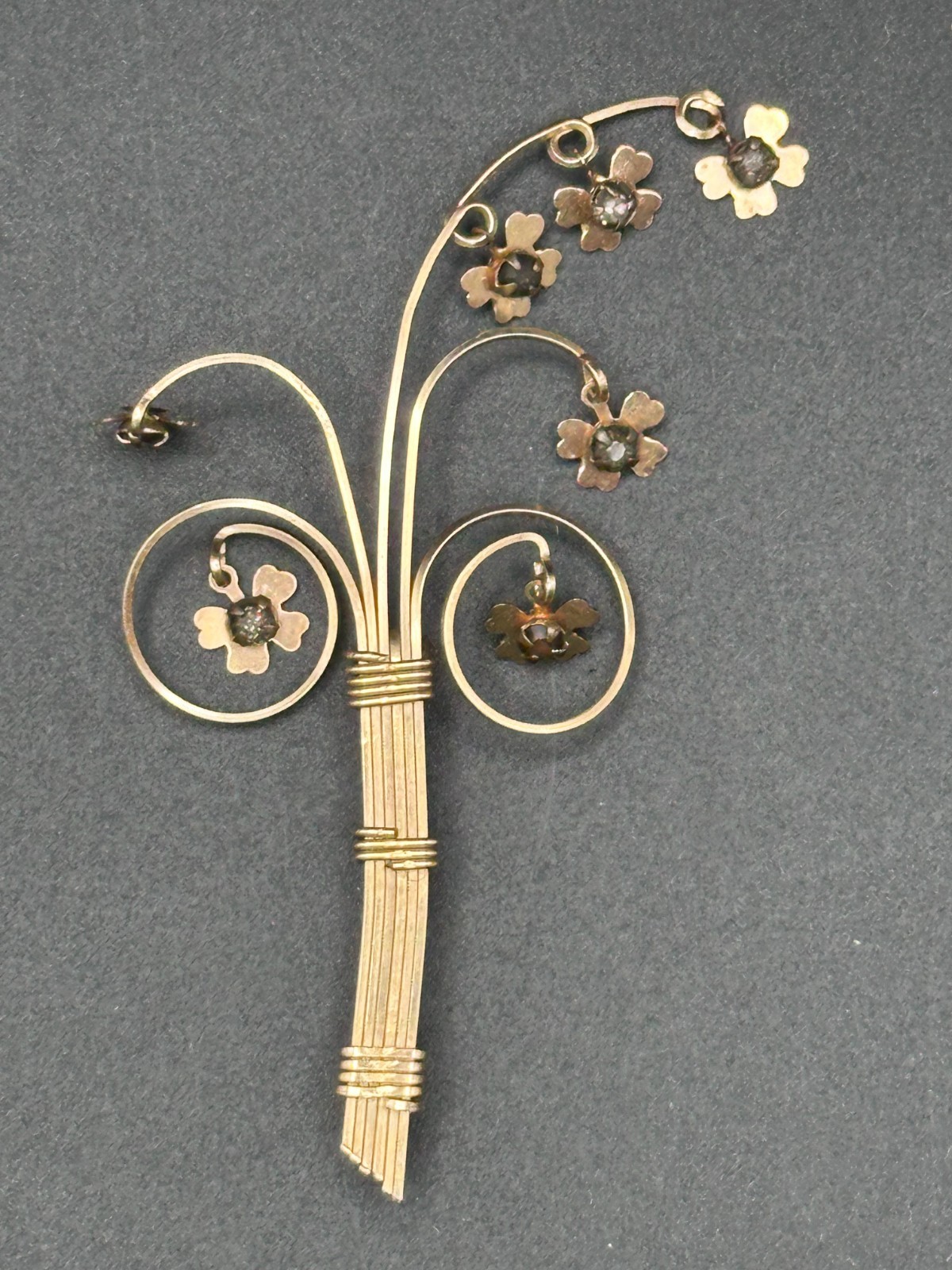 Vintage Gold‑Tone Floral Bouquet Brooch • Wirework Stems & Stone Centers