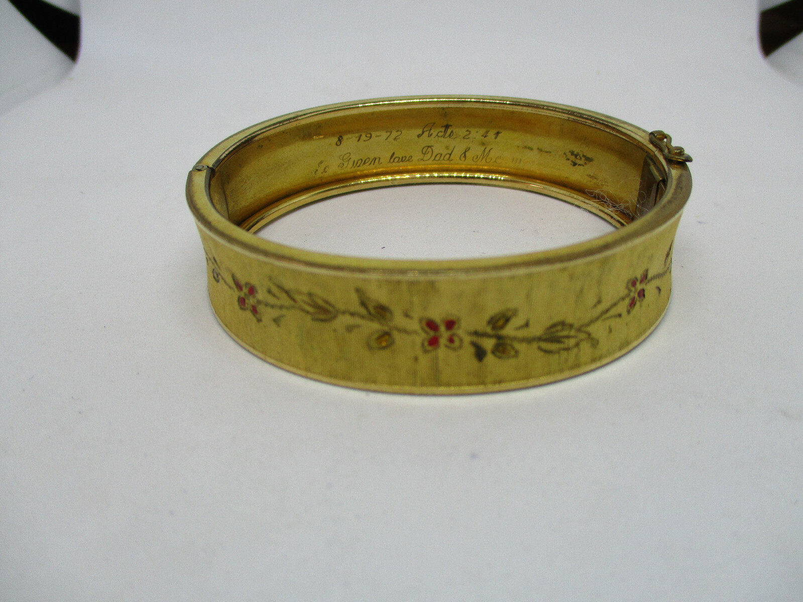 1/20 12K Gold Filled GF RINE Signed Hinged Bangle Bracelet ENAMEL Floral Design