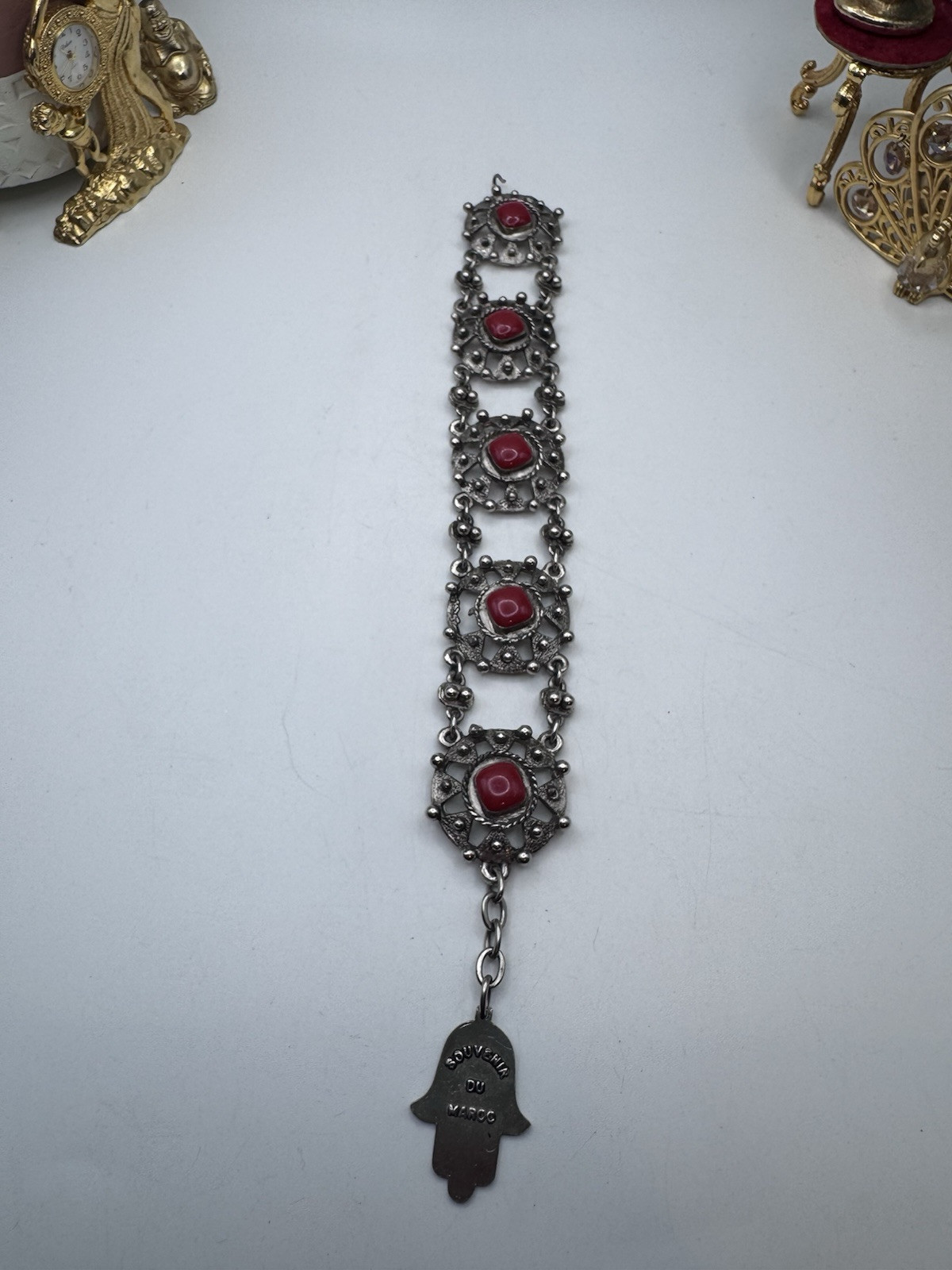 VINTAGE 60’s Silver Tone And Red Cabuchon SOUVENIR DU MAROC Moroccan Hamsa Hand