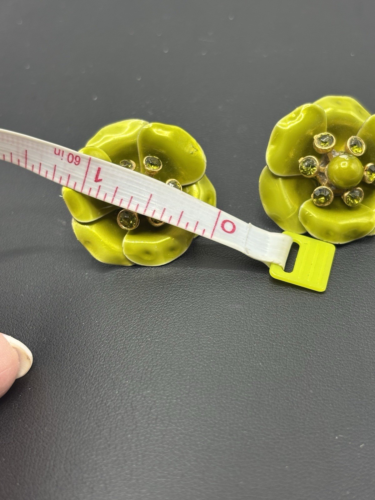 Lime Green Enamel Flower earrings Clip 1960s Rhinestone Fashion Jewelry Vtg