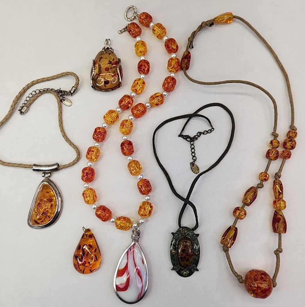 Faux Amber Necklace Lot of 6 Pendants Beads