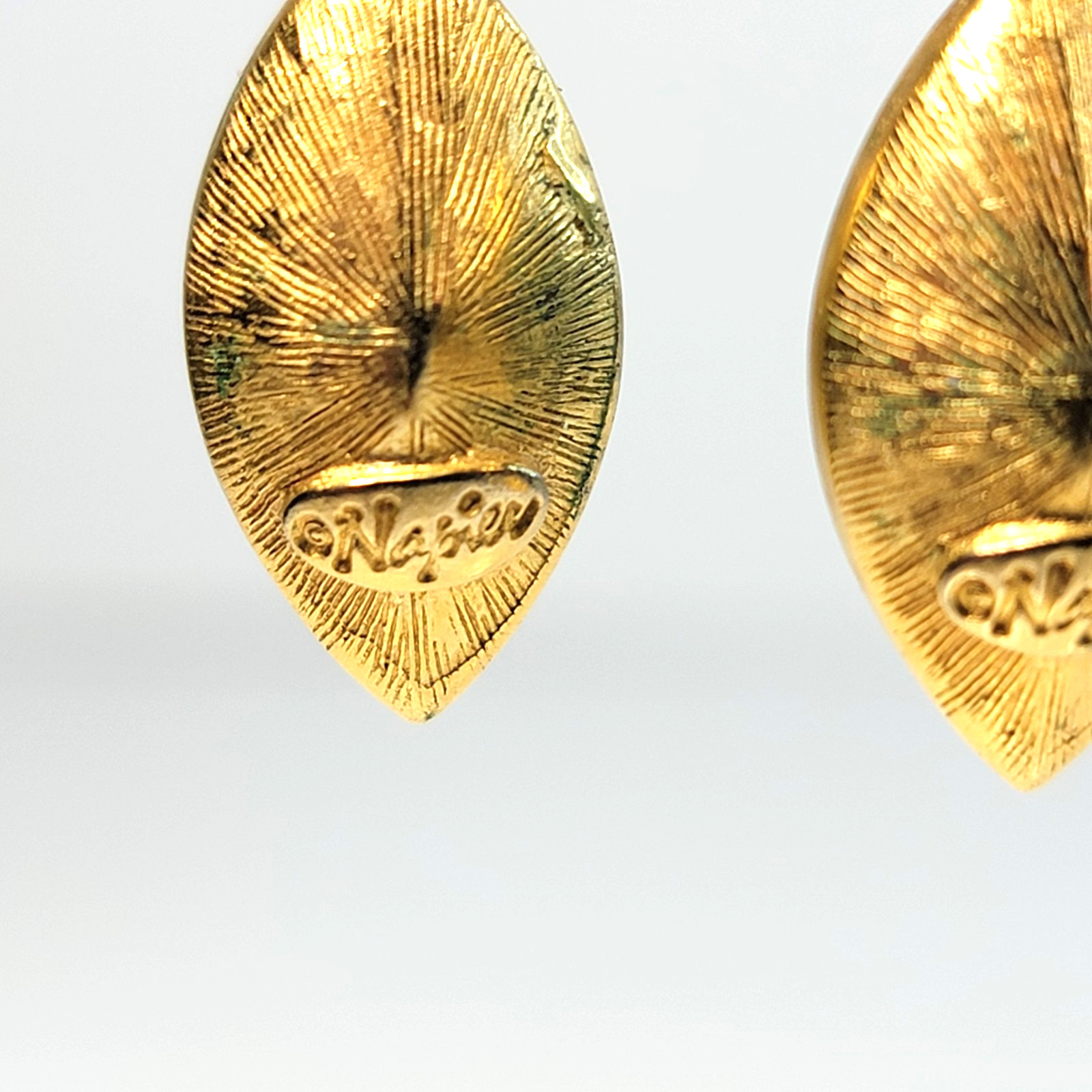 Vintage Napier Dark Green Faux Emerald Earrings 2″L Gold-tone, signed