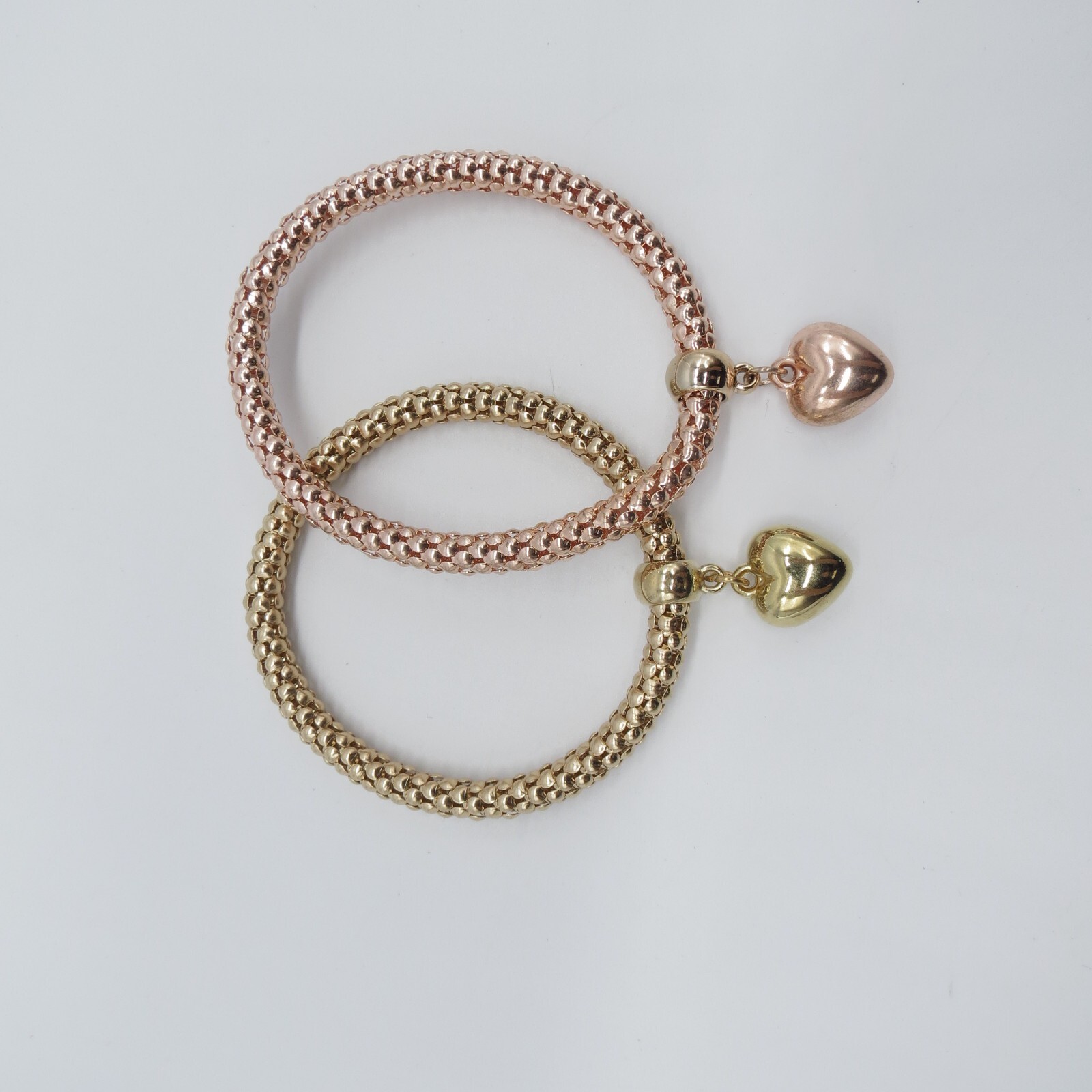 2Pc Puffy Heart Charm Stretch Bracelet Gold Rose Gold Tone Popcorn Chain