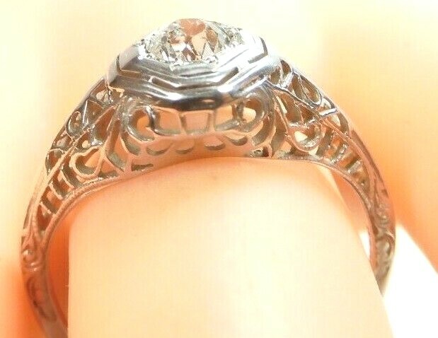 Antique Art Deco Engagement 18K White Gold Ring Size 6.5 UK-M1/2 EGL USA