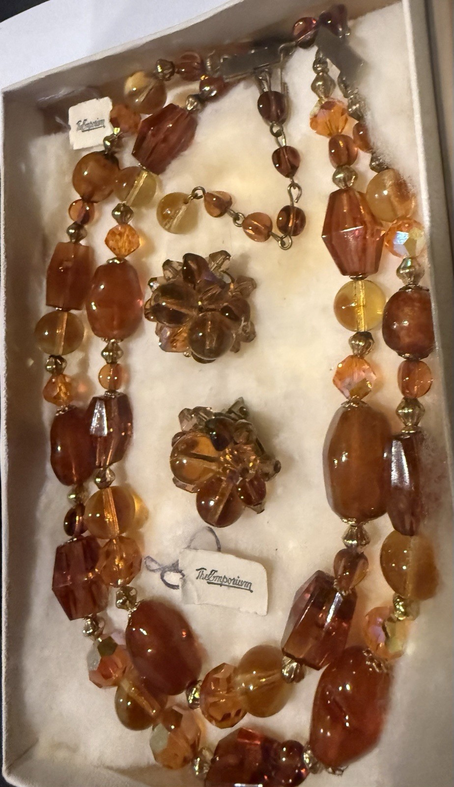 Stunning 1960s The Emporium Multi-Strand Amber Bead Statement Necklace & Earring