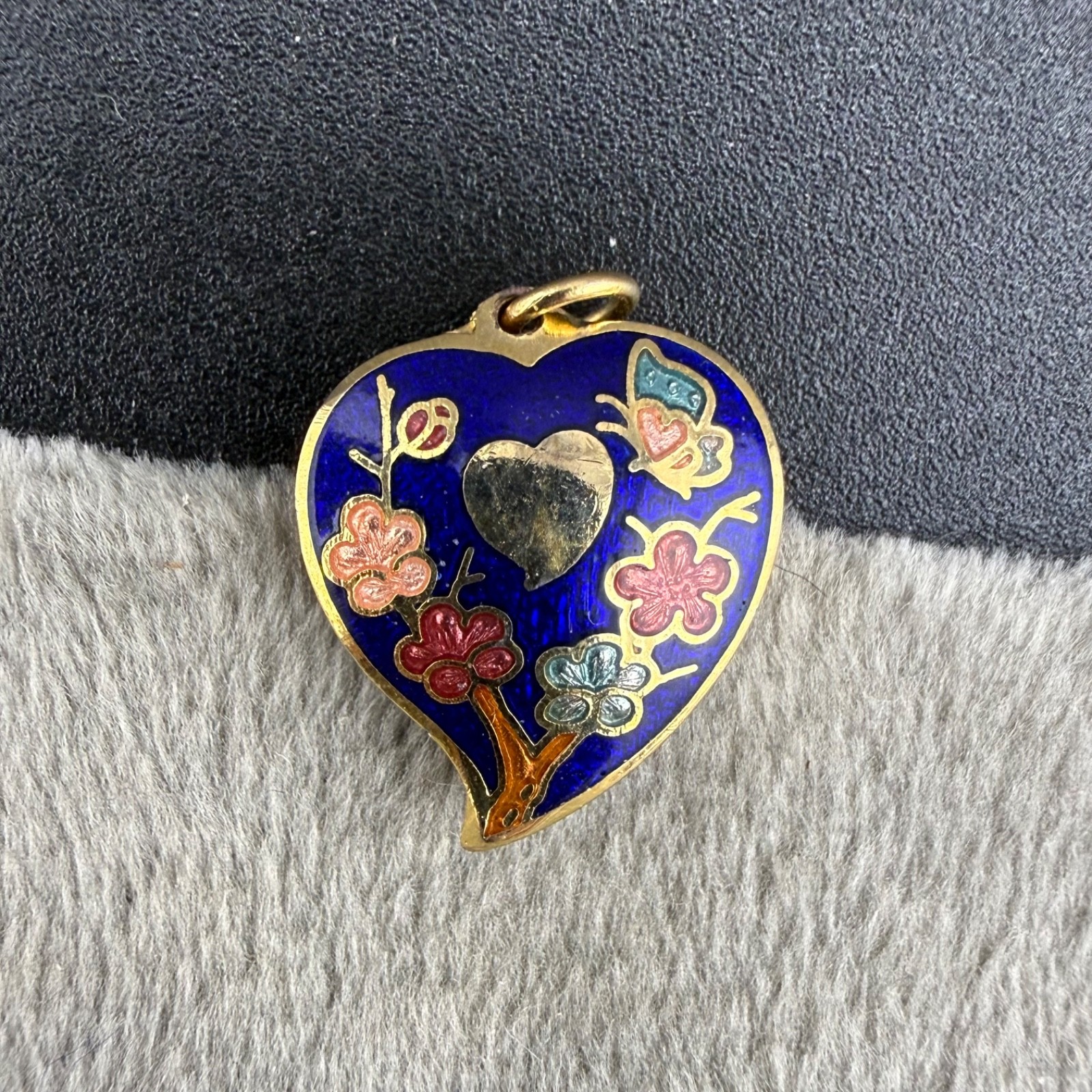 Vintage Cloisonne Pendant Heart Puff Enamel Gold Tone