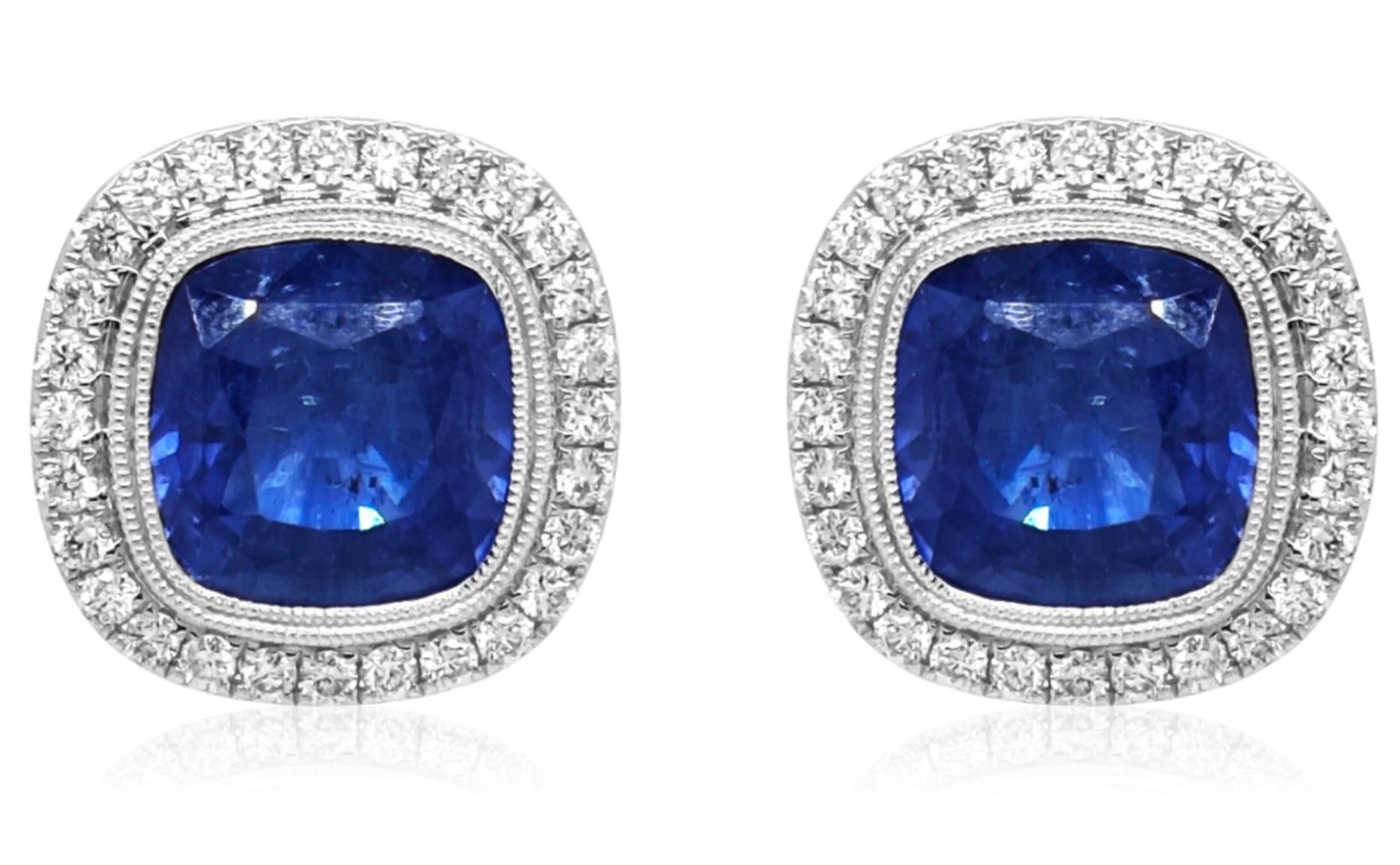 9.38CT DIAMOND & AAA SAPPHIRE 18KT WHITE GOLD CUSHION & ROUND FILIGREE EARRINGS