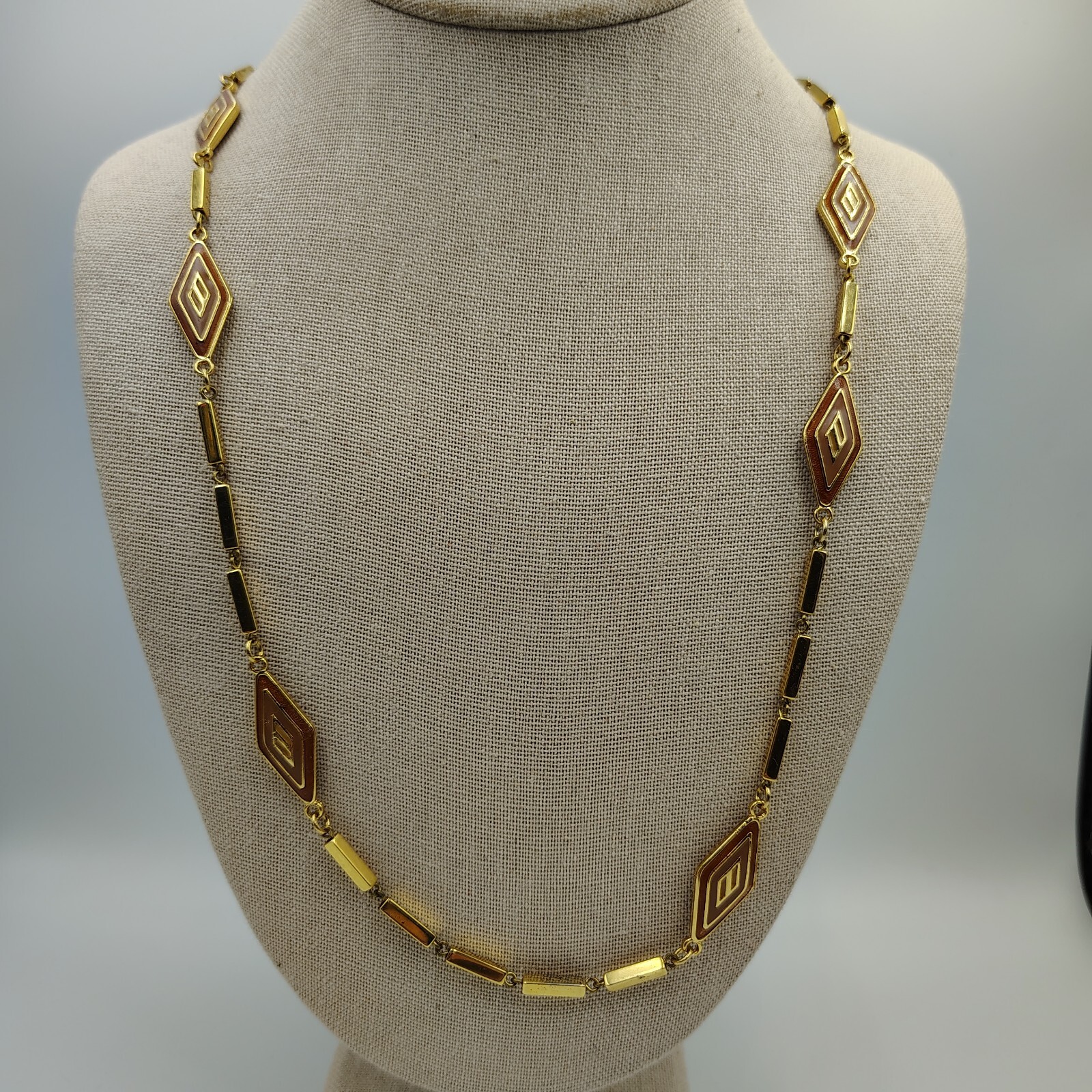 Vintage Orena Paris Gold Tone Enamoring Geometric Station Long Necklace