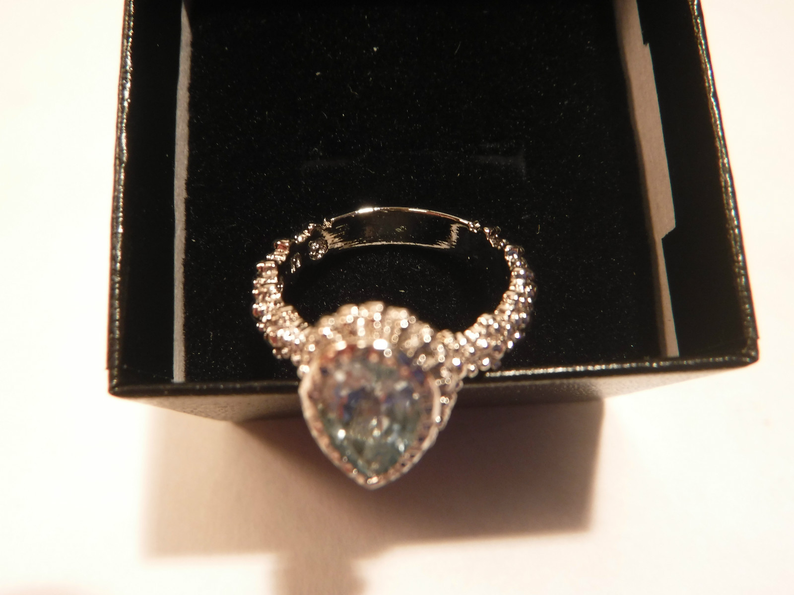 New 1.45CT Pear Cut Aquamarine (Beryl) & Platinum Over Sterling Silver 925 Ring
