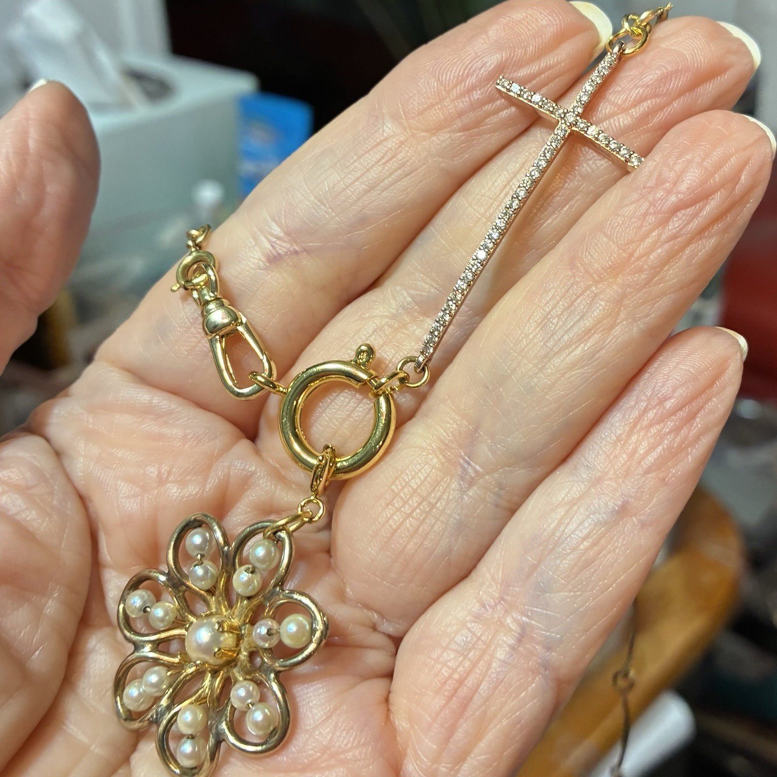 Vintage 12k Gold Filled Pocket Watch Chain FOB, Dog Clip, Cross & Pearl Charms