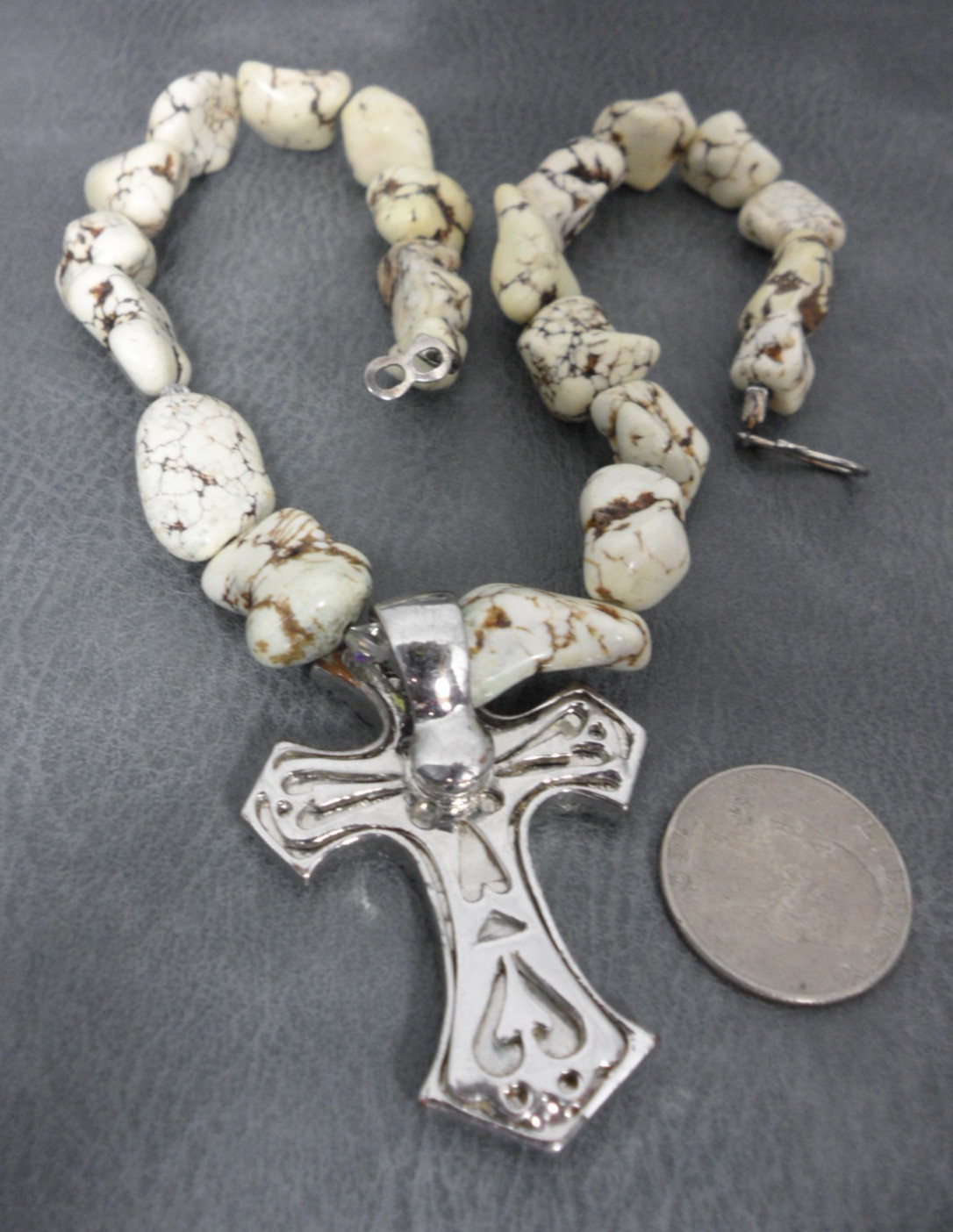 Cowhide Cross Pendant Necklace White Turquoise Nugget Beads Country Cow Girl Vtg