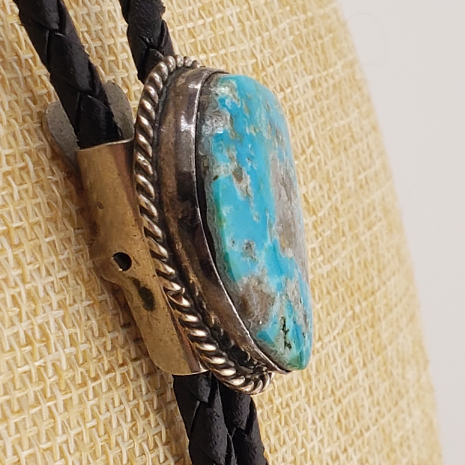 Vintage Turquoise Bolo Tie Sterling Silver Bezel Native American Signed S