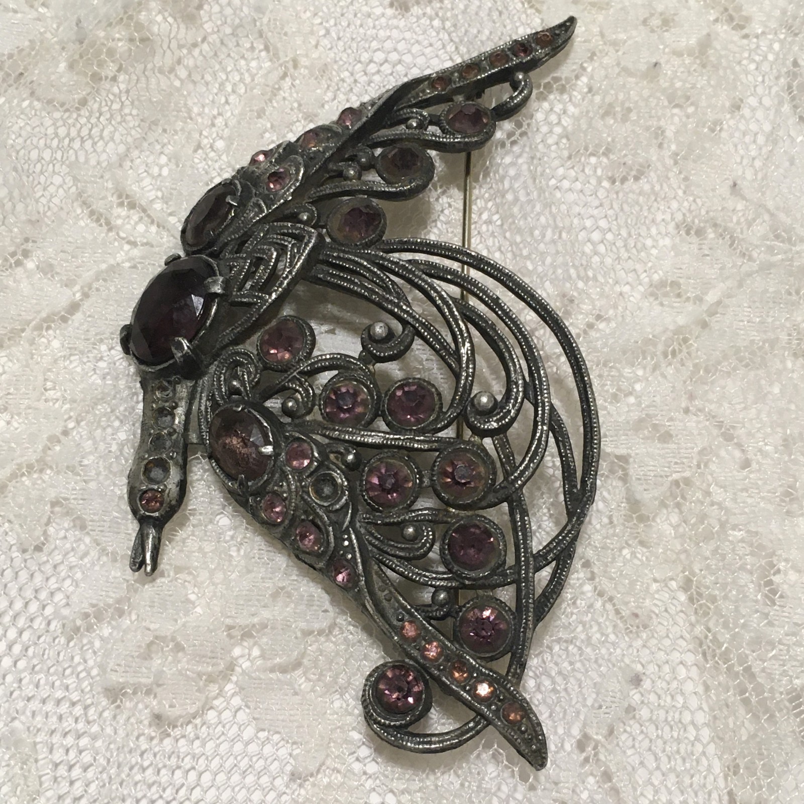 Vintage Pot Metal Art Deco Bird Brooch **4 Neck Stones Missing