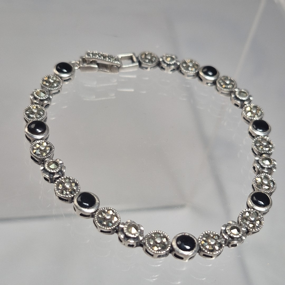 DBJ Vtg Sterling Silver 925 Marcasite Black Enamel Link Tennis Bracelet 7.5″