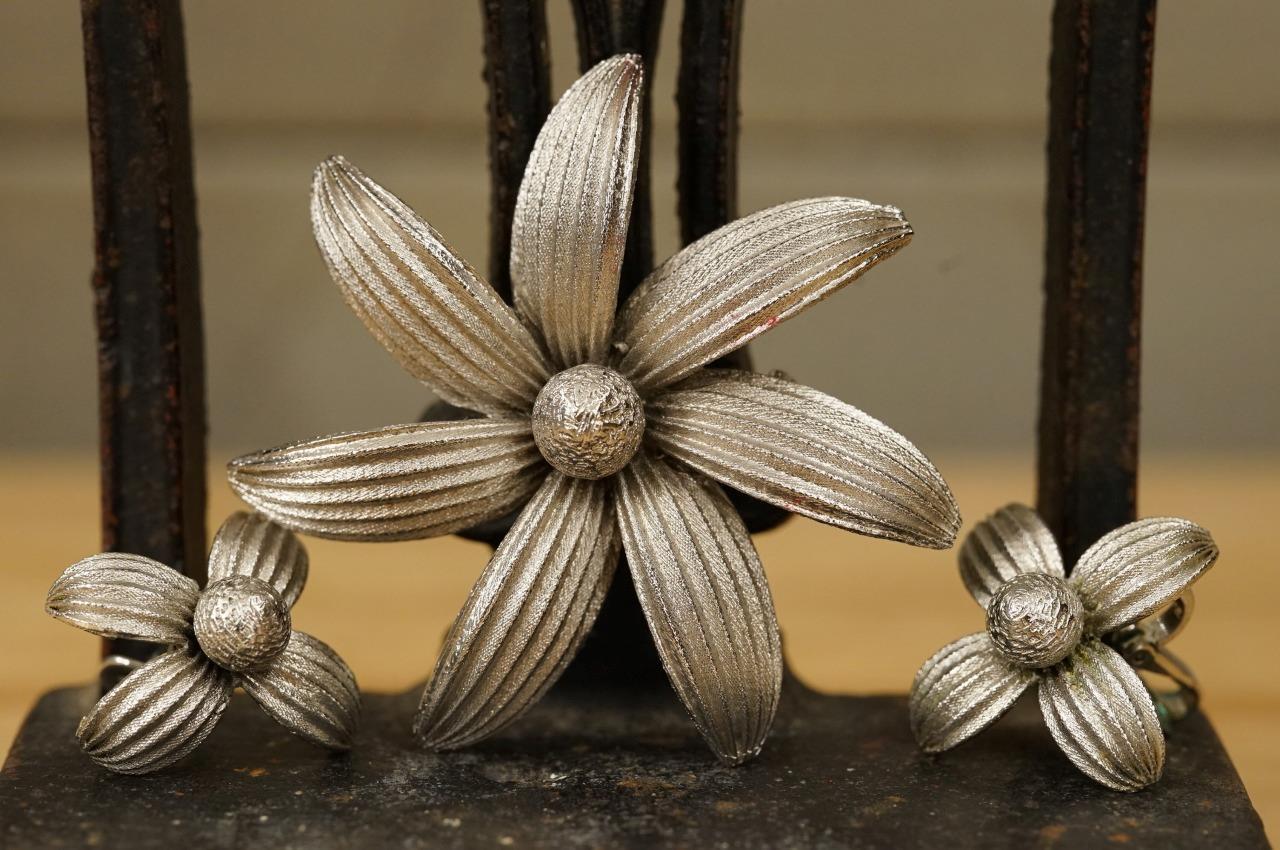 Vintage Costume Jewelry Signed BERGERE Silver Flower Brooch Pin & Clip Earrings
