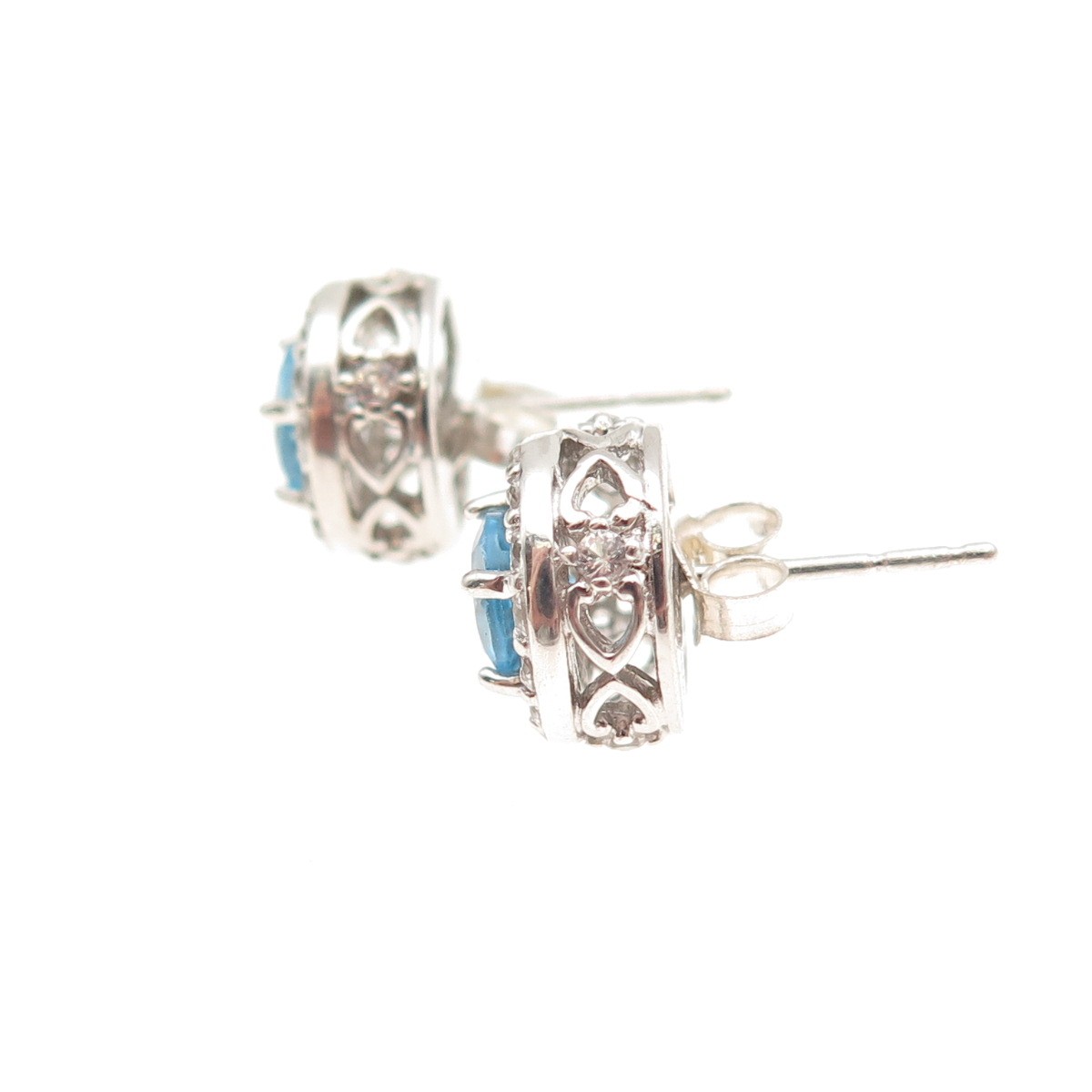 925 Sterling Silver Vintage Real Round-Cut Blue & White Topaz Stud Earrings