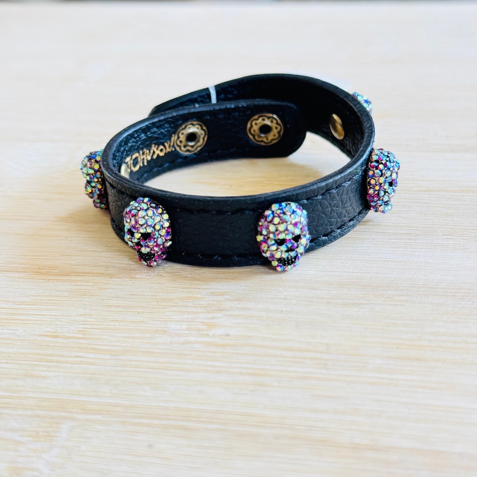Betsey Johnson Skull Vegan Leather Bracelet WhimsyGoth Goth Punk Rhinestone NWT