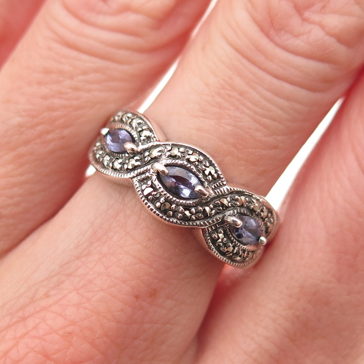 CNA Pranda Sterling Silver Vintage Real Iolite & Marcasite Oxidized Ring Size 9