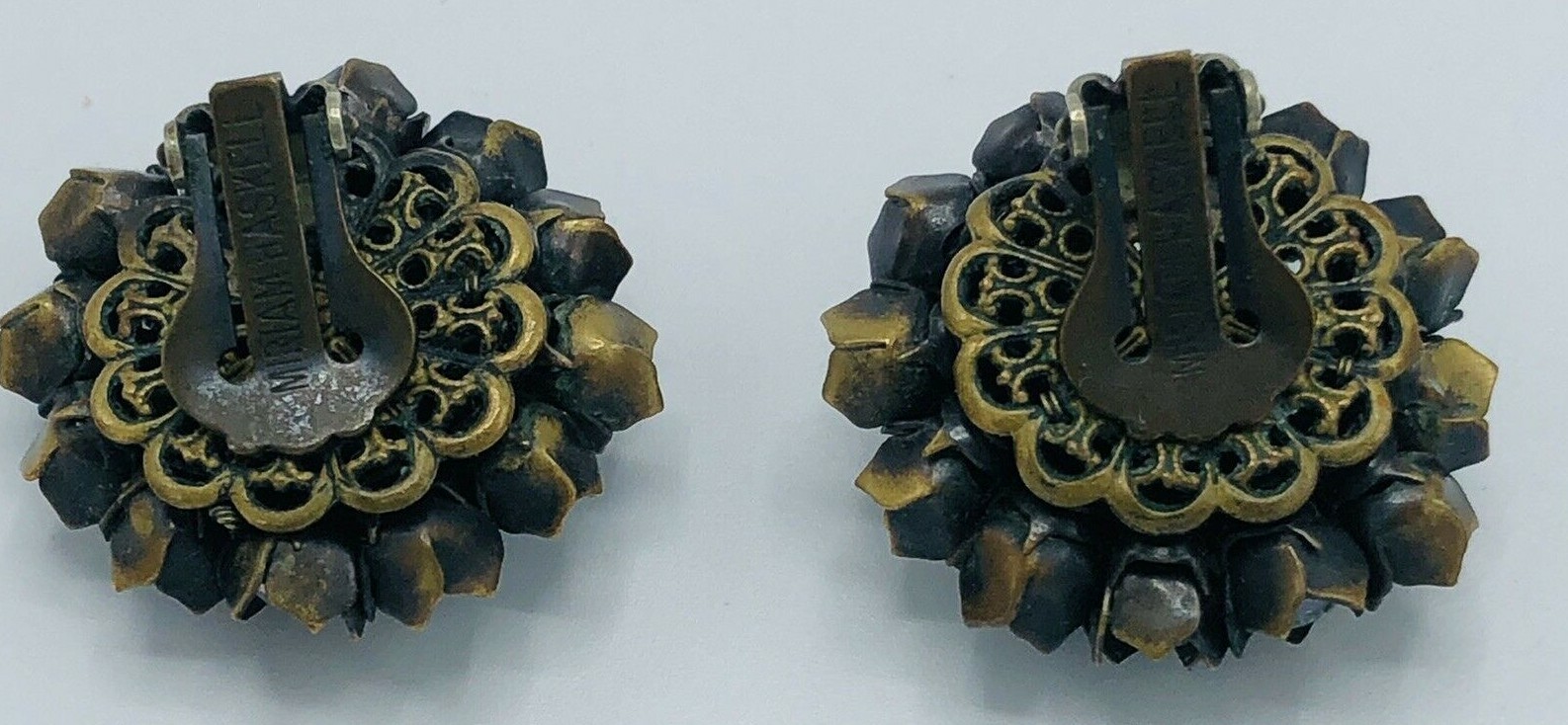 RARE MIRIAM HASKELL Signed Purple and Blue CRYSTAL FLOWER CLIP BACK EARRINGS