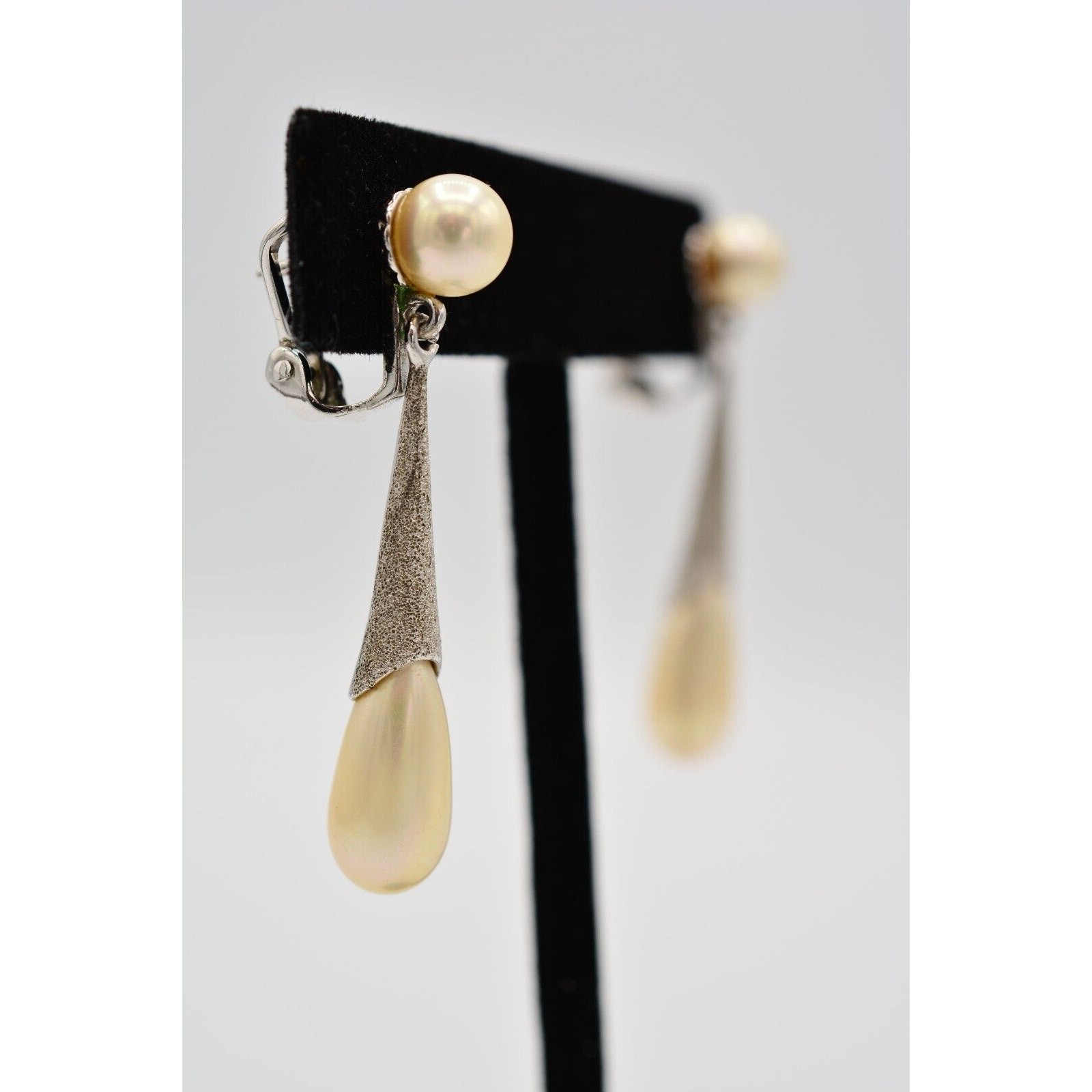 Vintage Dangle Earrings Silver Tone Faux Pearl Drop Textured Signed 1980s Bin7
