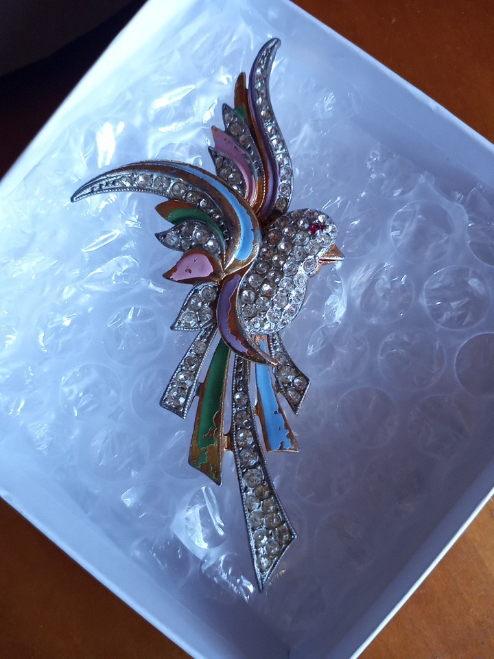 Vtg Coro? Clear Red Rhinestone Pink Blue Enameled Green Paradise Bird Brooch Pin