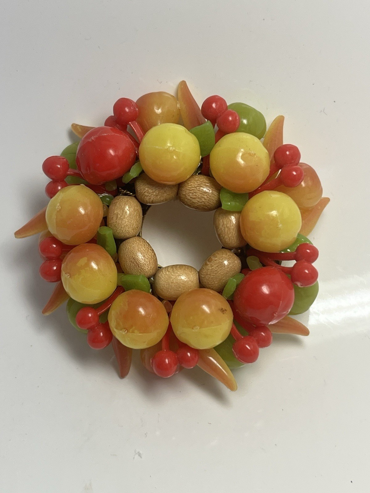 Lucite Plastic And Wood Fruit Salad Wreath Brooch Vintage West Germany