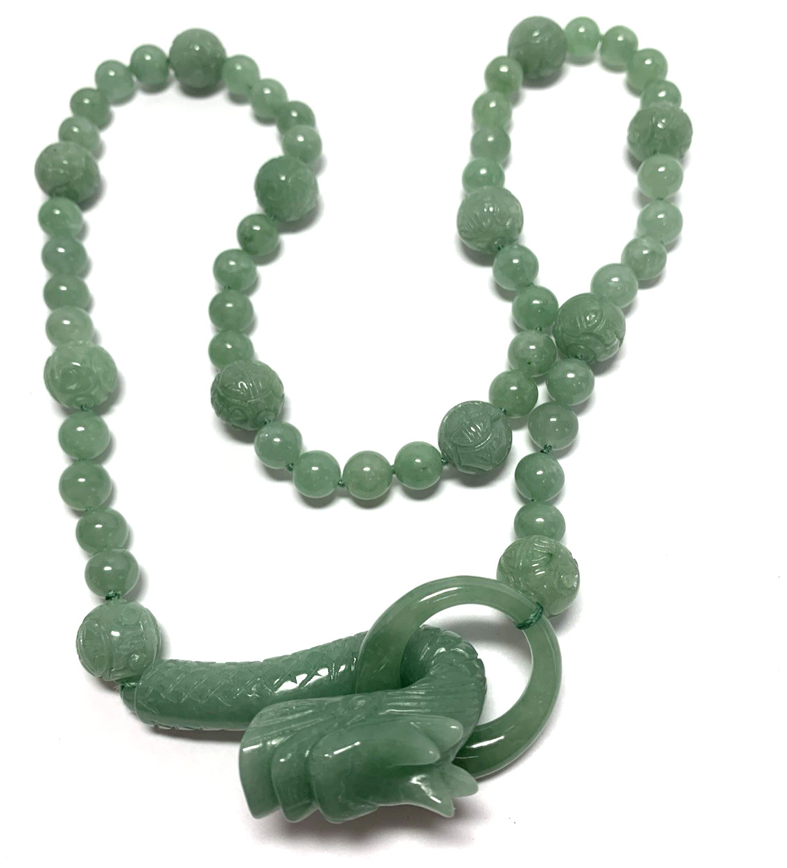 Vintage Hand-Knotted Natural Jadeite Carved Dragon Head & Balls w/ Loop Necklace