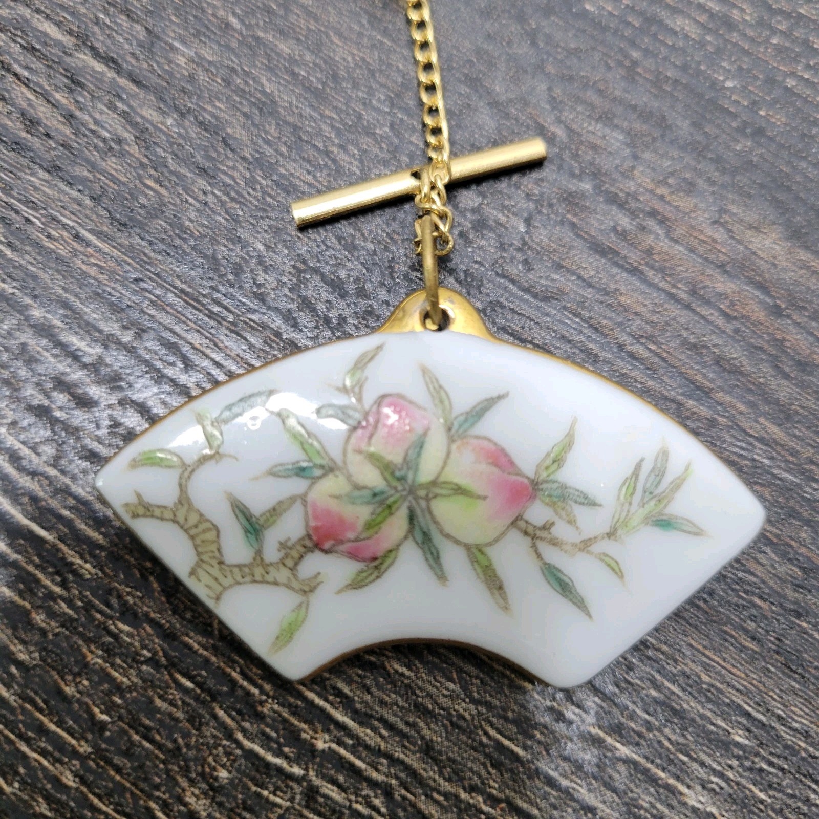 Porcelain Pin Pendant Convertible Japanese Fan Peaches Floral Handpainted VTG