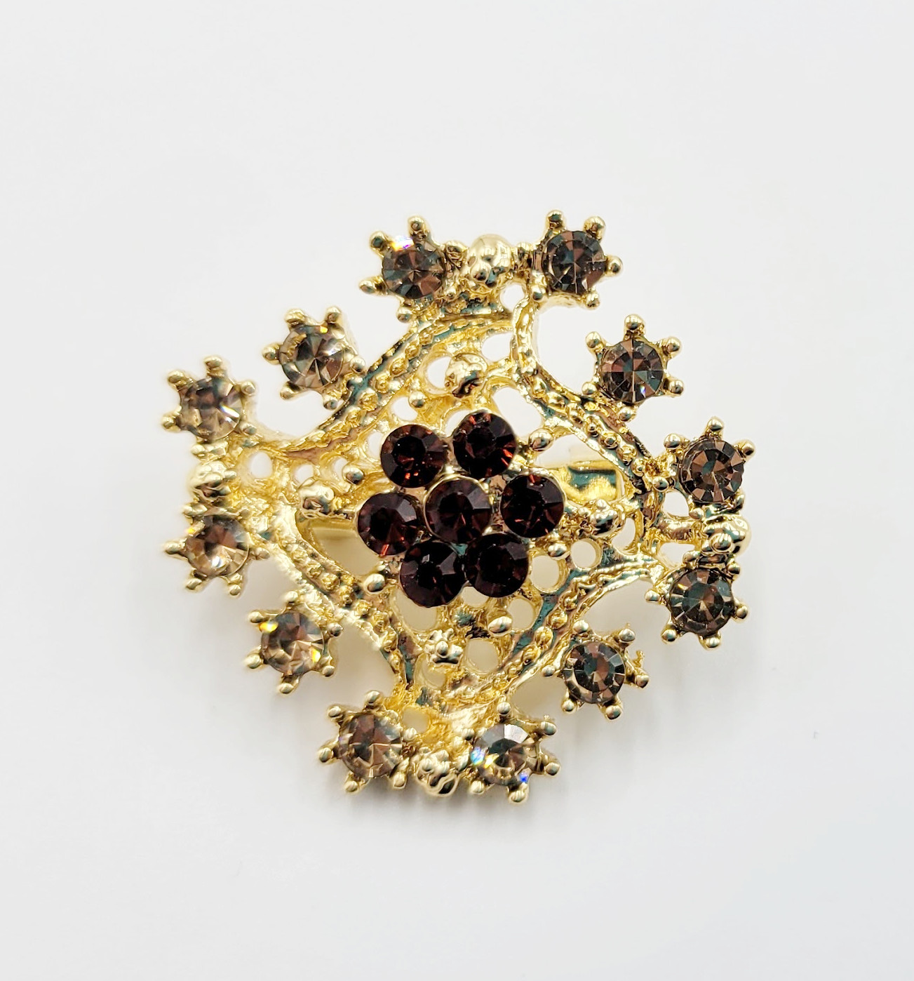 Gold Tone Rhinestone Red Purple Pink Multicolor Costume Ornate Brooch Pin