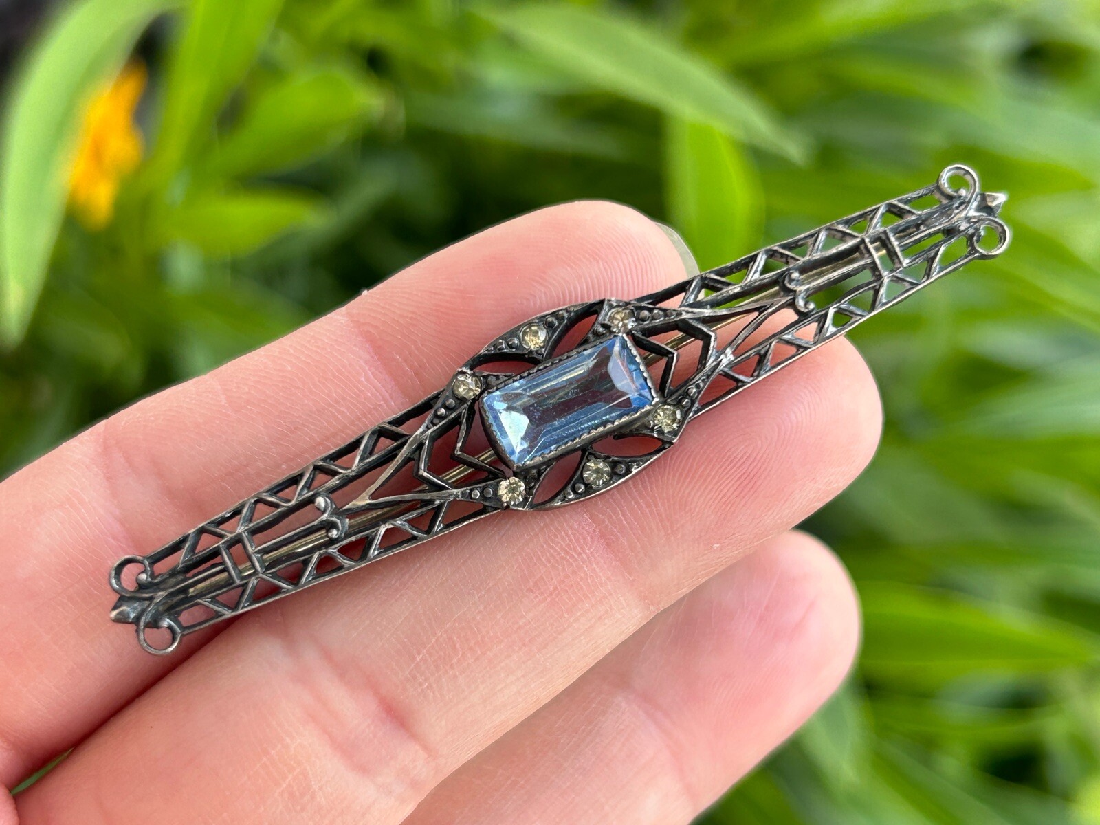 Antique Sterling Silver ART DECO Open Work Bar Brooch Blue Iolite ? & Glass