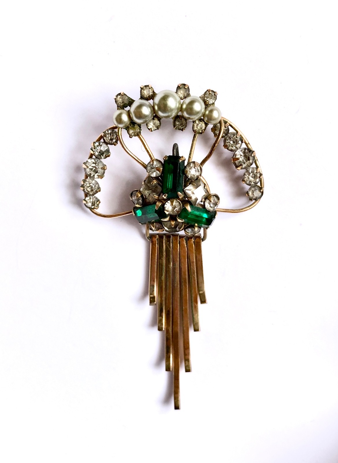 Gold Filled M&S Brooch Pendant 12KT GF Green Stones Prong Set Art Deco Vintage