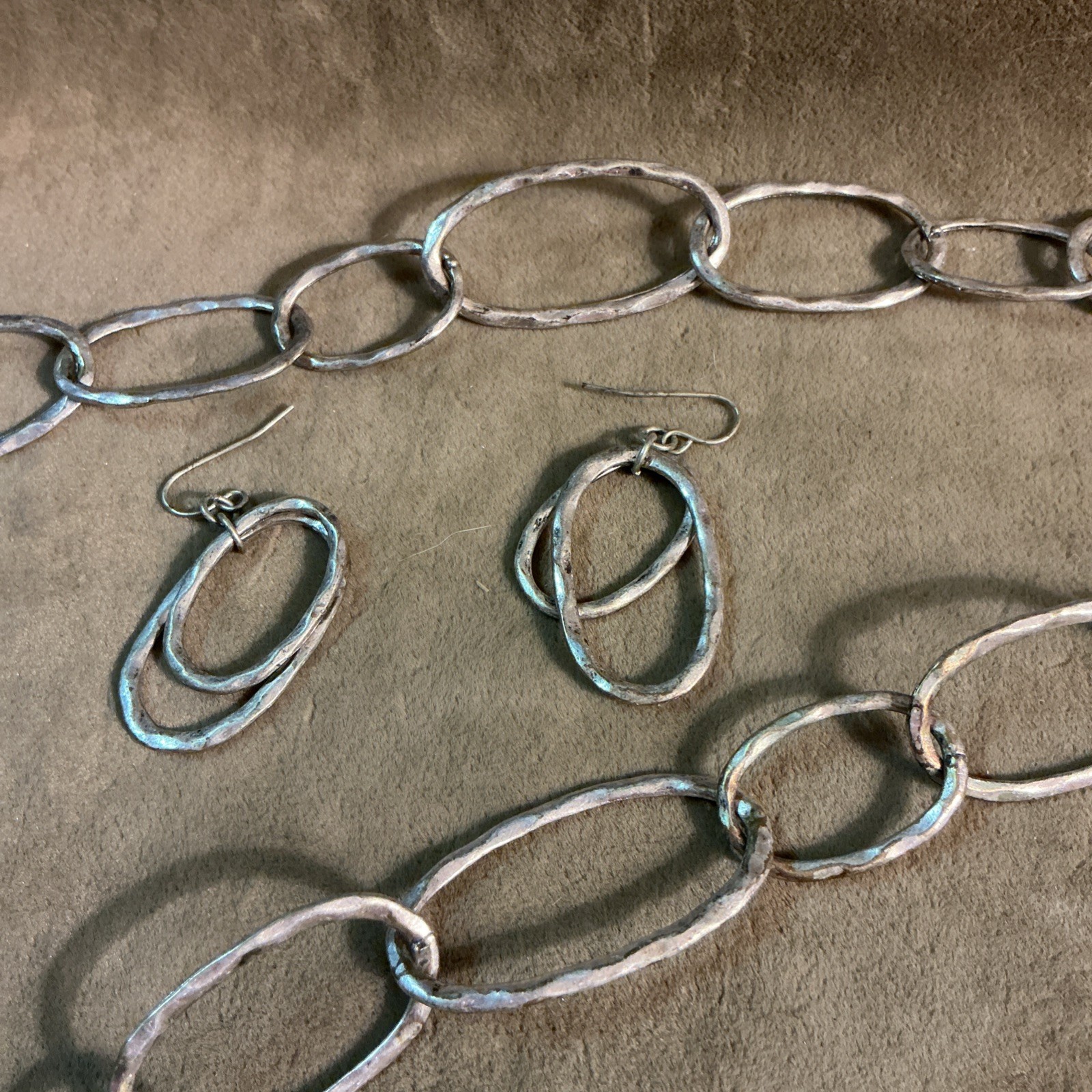 Vintage aluminum chain necklace and matching design earrings hammered texture