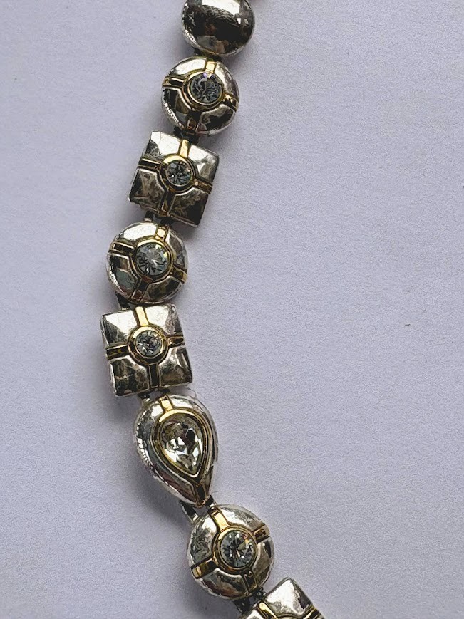 Vintage MONET Signed Two-Tone Silver/Gold Rhinestone Necklace 17″