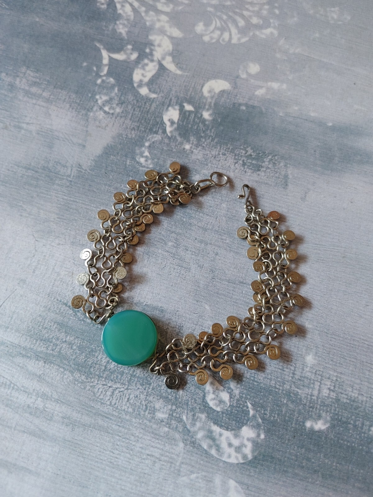 Vintage bracelet silver tone link wire wrap spirals green onyx stone 6 1/2″ long
