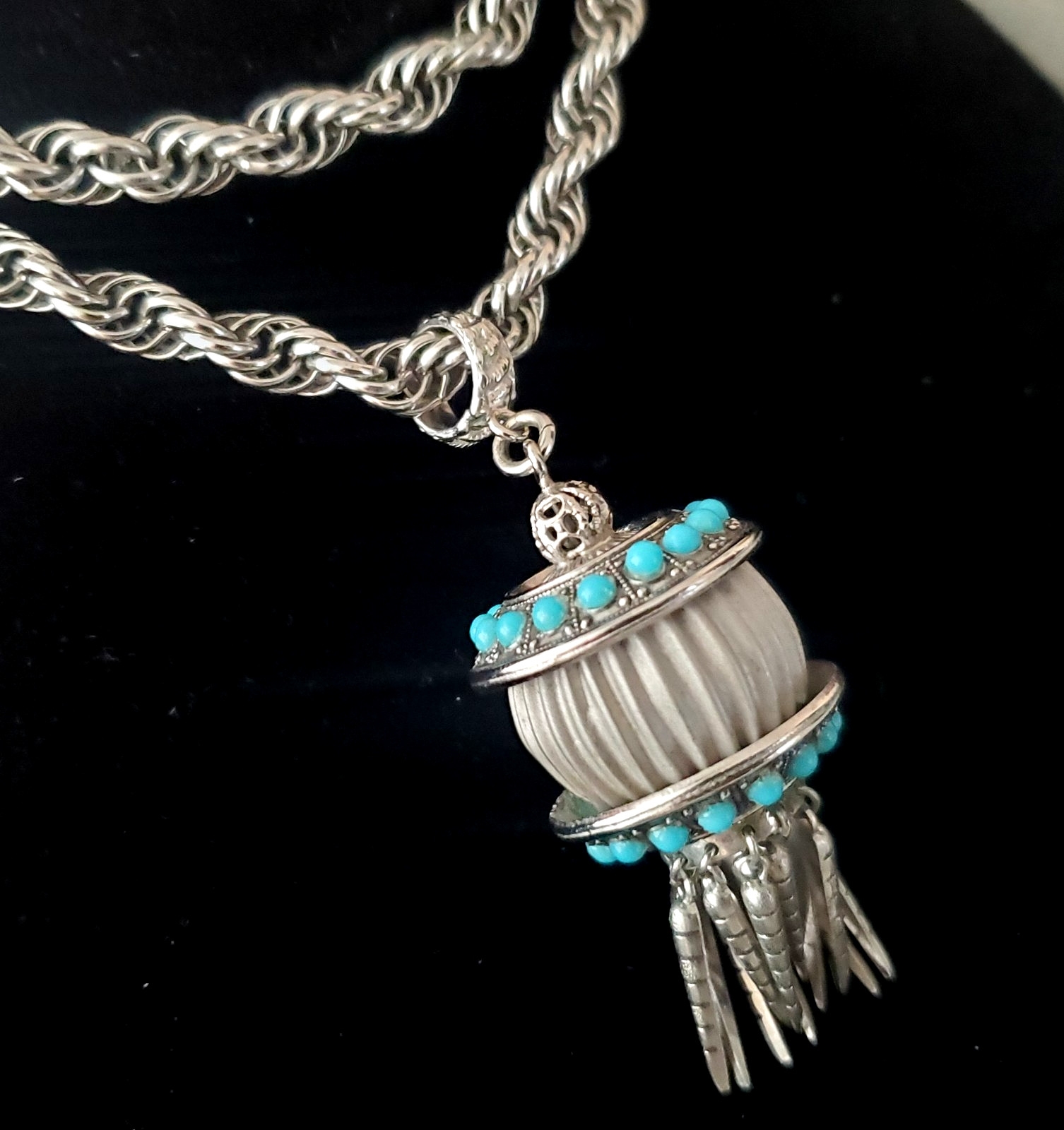 Vintage Victorian Revival Lantern Tassel Turquoise Glass Pendant Necklace