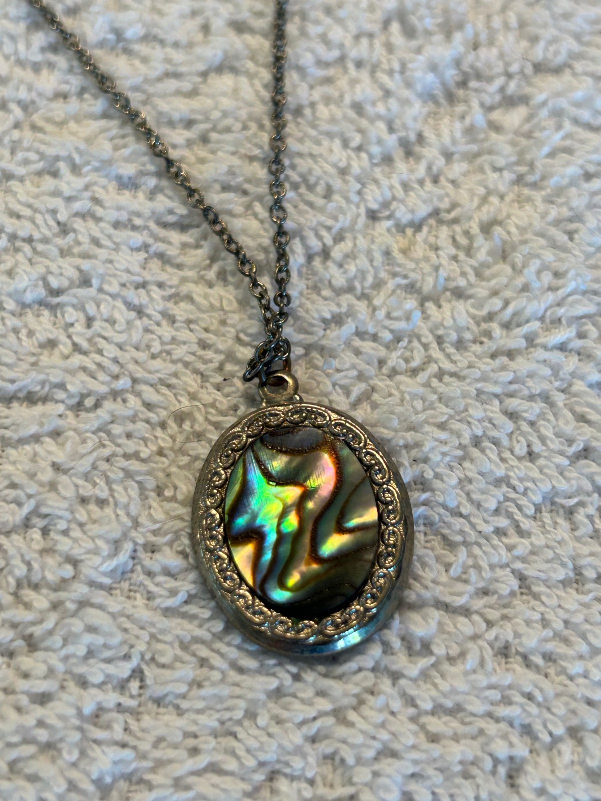 Vintage Butterfly and Oval necklace pair, Abalone Inlaid, Silver Tone, 16″